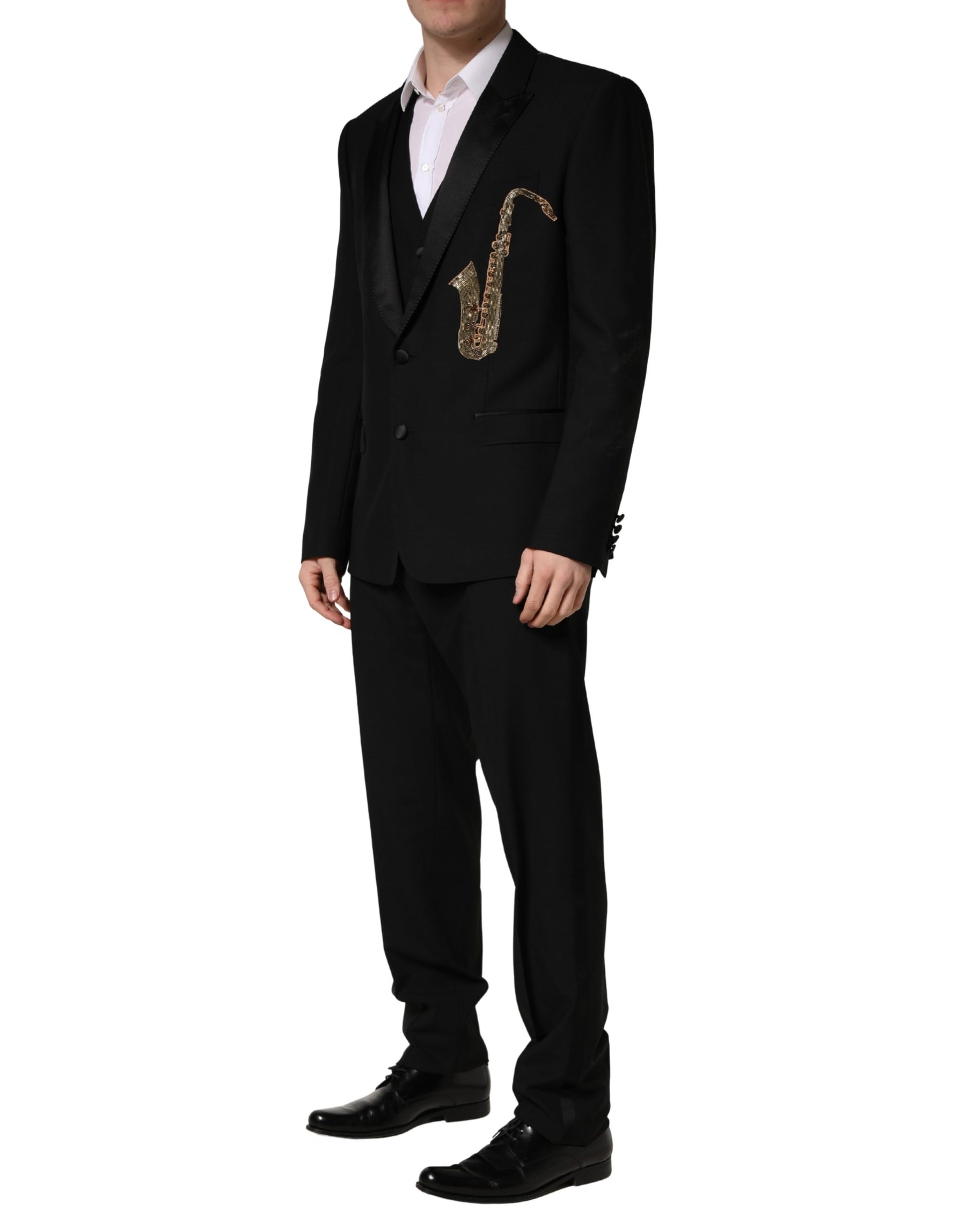 Dolce & Gabbana Black Wool Silk Saxophone Slim Fit 3Pc Suit | Regal Royce