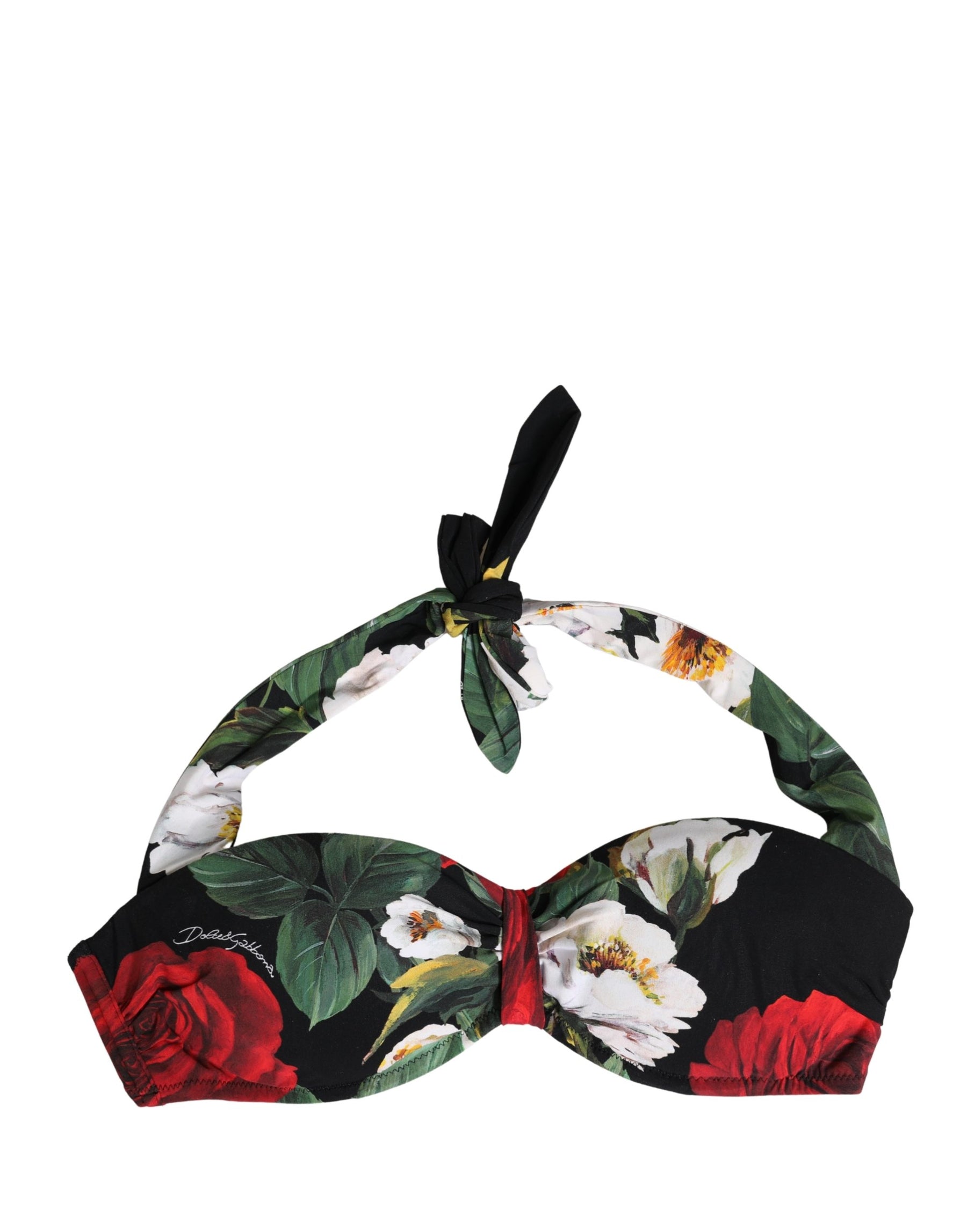 Dolce & Gabbana Black Floral Padded Halter Bikini Top Swimwear | Regal Royce