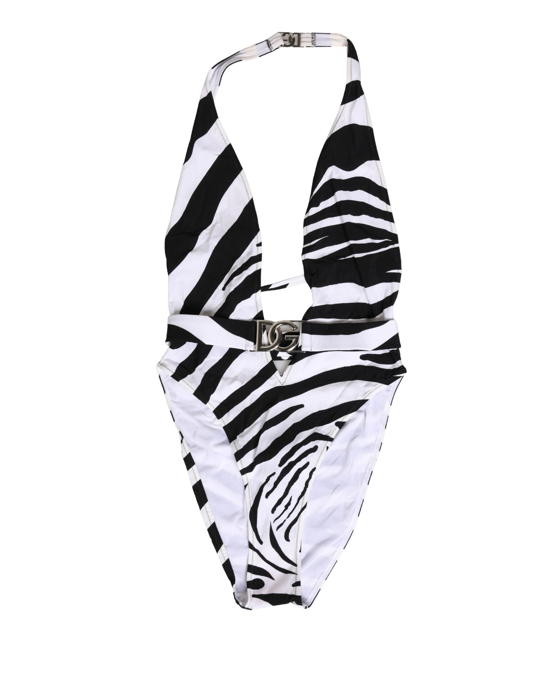 Dolce & Gabbana Black White Zebra Deep V-Neck One Piece Swimwear | Regal Royce
