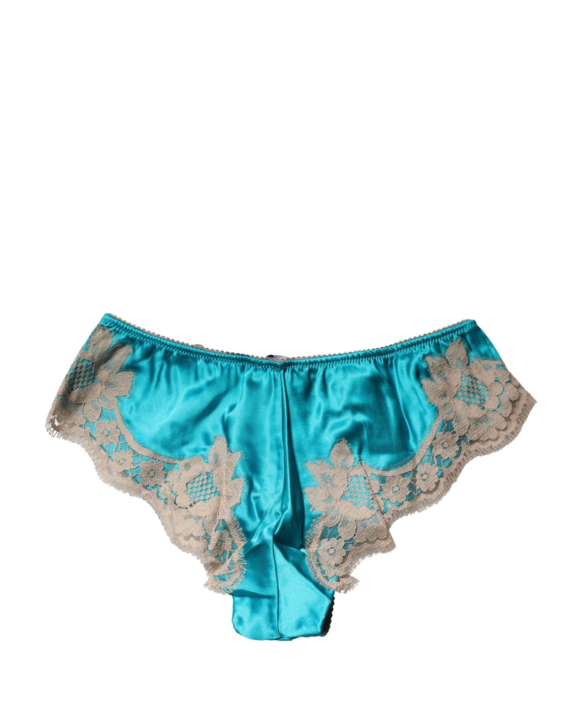 Dolce & Gabbana Blue Silk Satin Floral Lace Panty Brief Underwear | Regal Royce