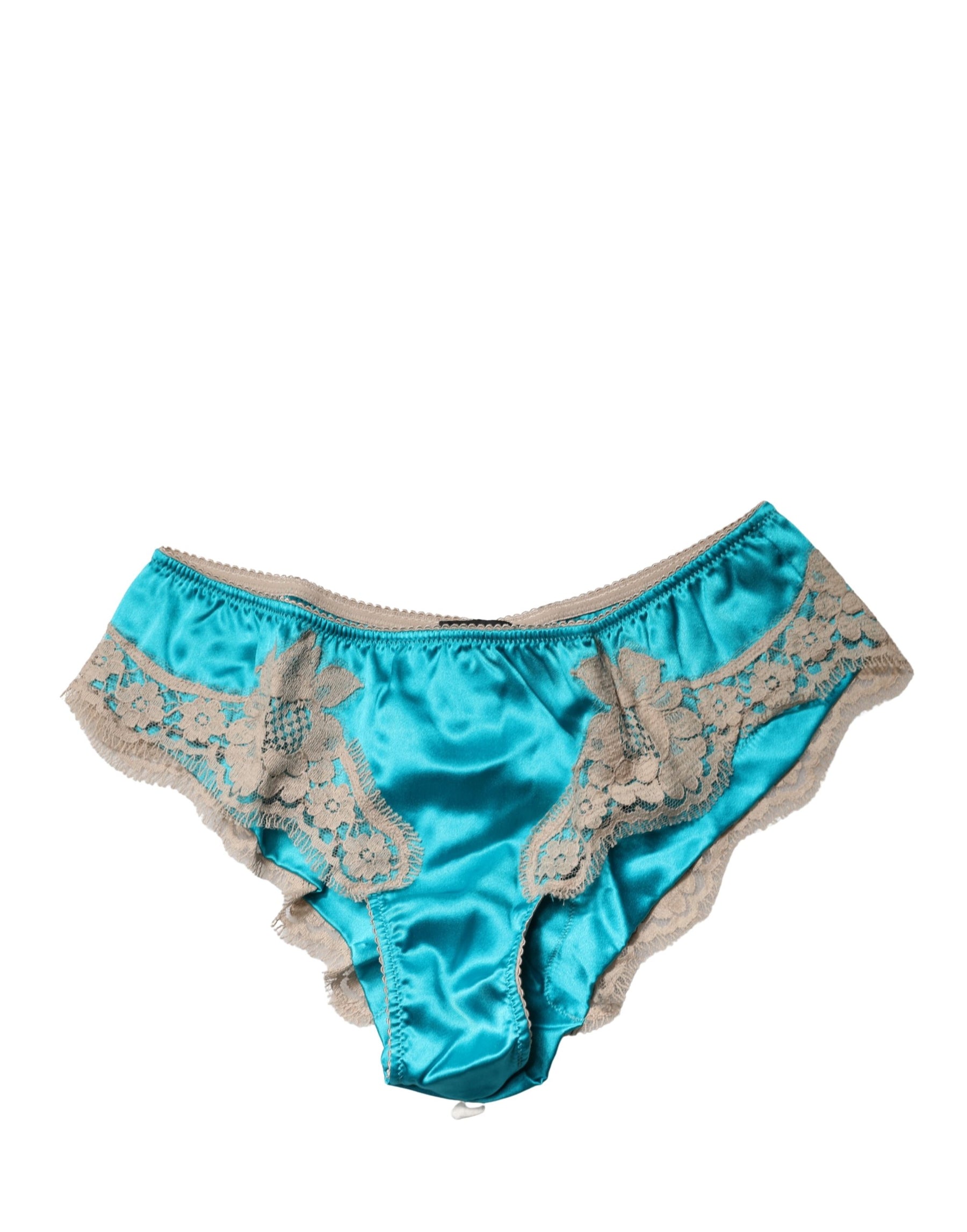 Dolce & Gabbana Blue Silk Satin Floral Lace Panty Brief Underwear | Regal Royce