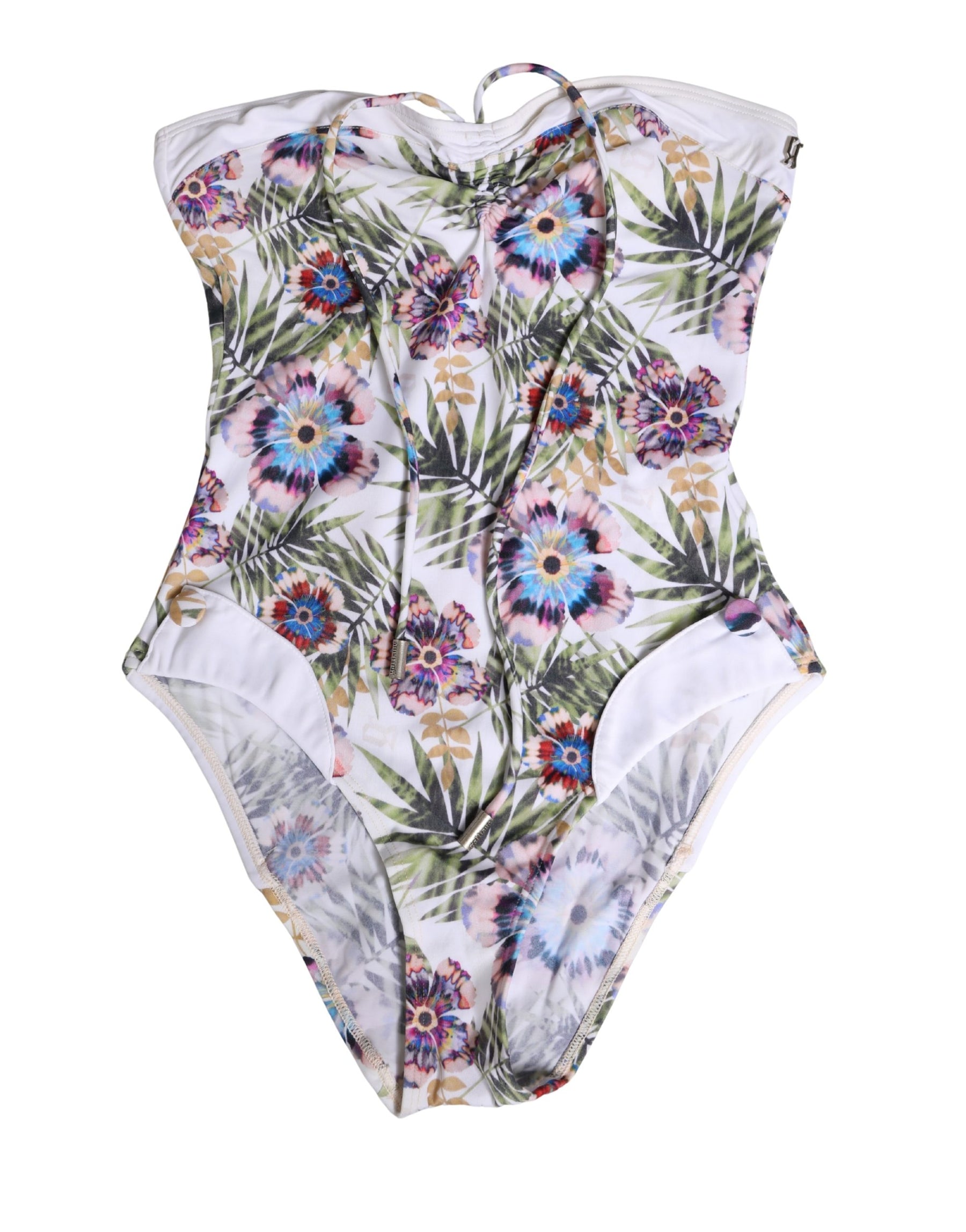 John Galliano White Floral Print Strapless One-Piece Swimsuit Swimwear | Regal Royce