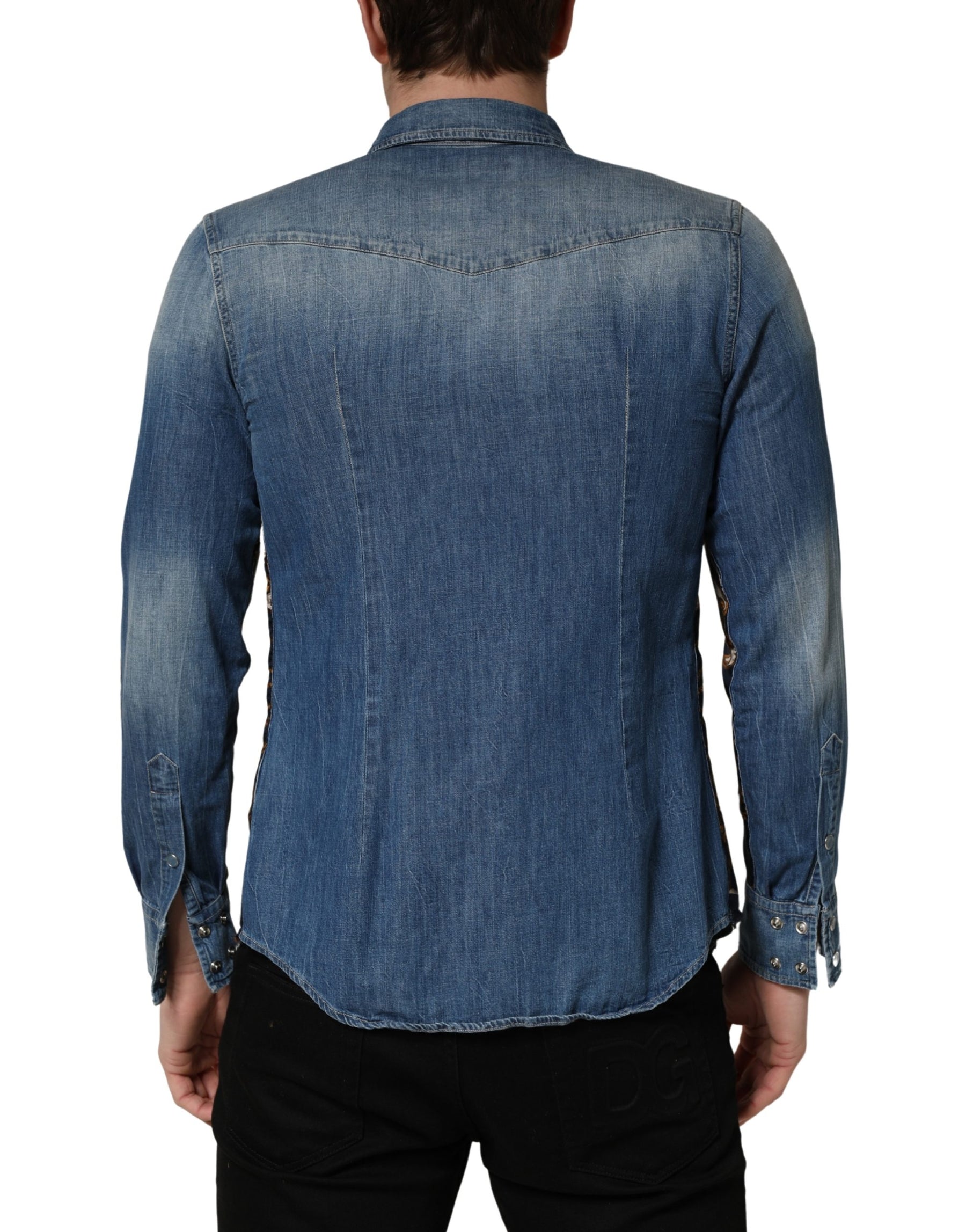 Dolce & Gabbana Blue Baroque Cotton Button Down Denim Shirt | Regal Royce
