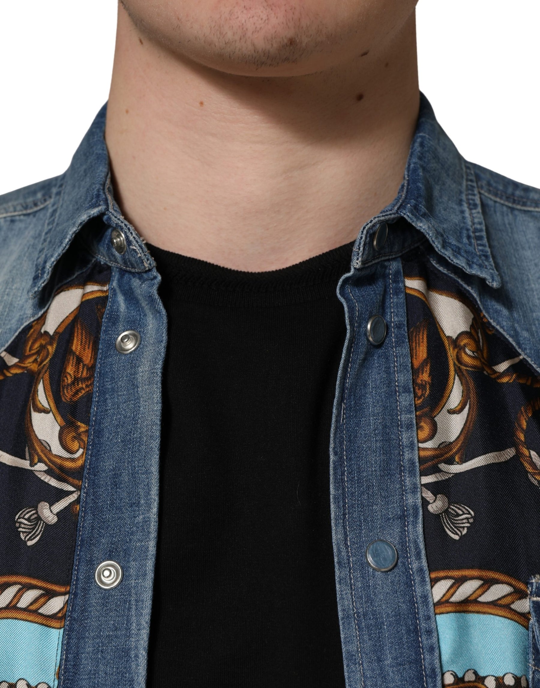 Dolce & Gabbana Blue Baroque Cotton Button Down Denim Shirt | Regal Royce