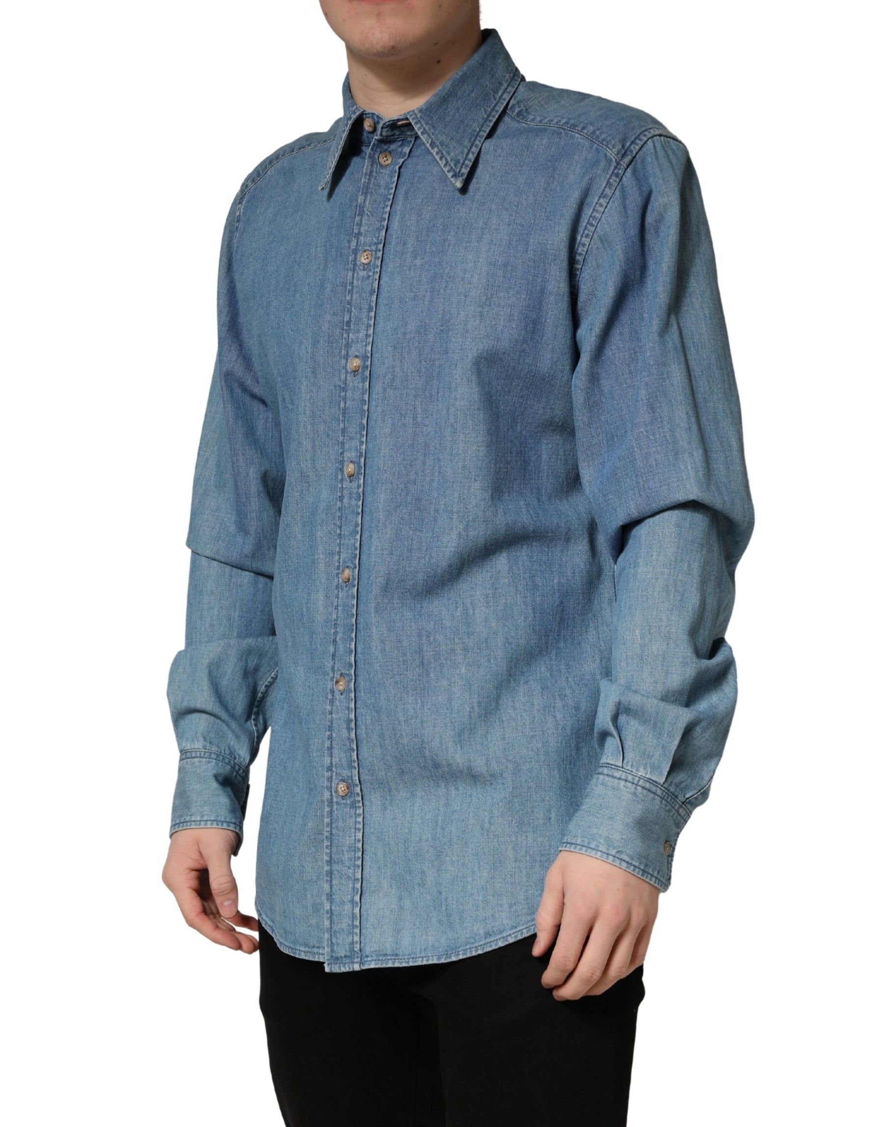 Dolce & Gabbana Blue Cotton Stretch Casual Denim Slim Shirt | Regal Royce