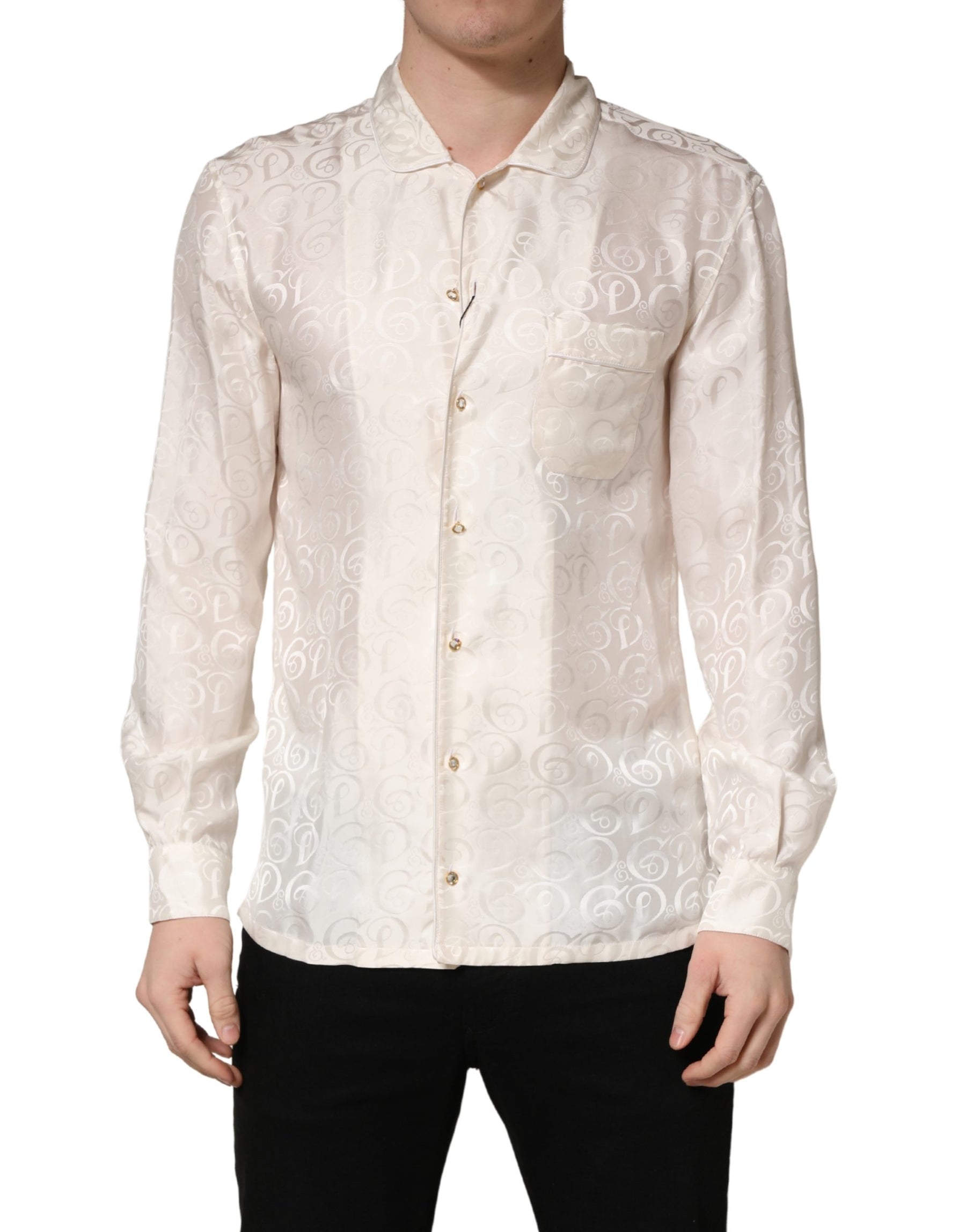 Dolce & Gabbana White Silk Long Sleeve Tonal Logo Print Shirt | Regal Royce
