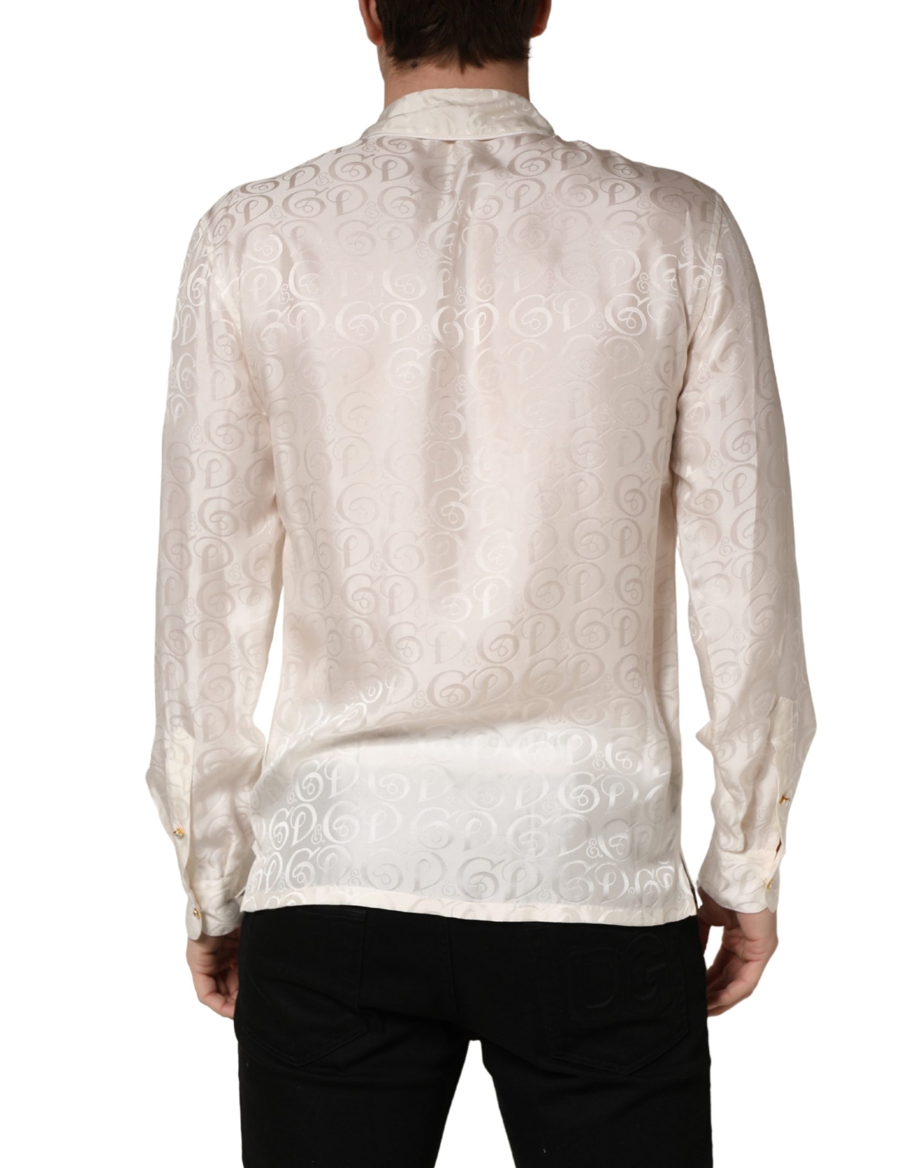 Dolce & Gabbana White Silk Long Sleeve Tonal Logo Print Shirt | Regal Royce