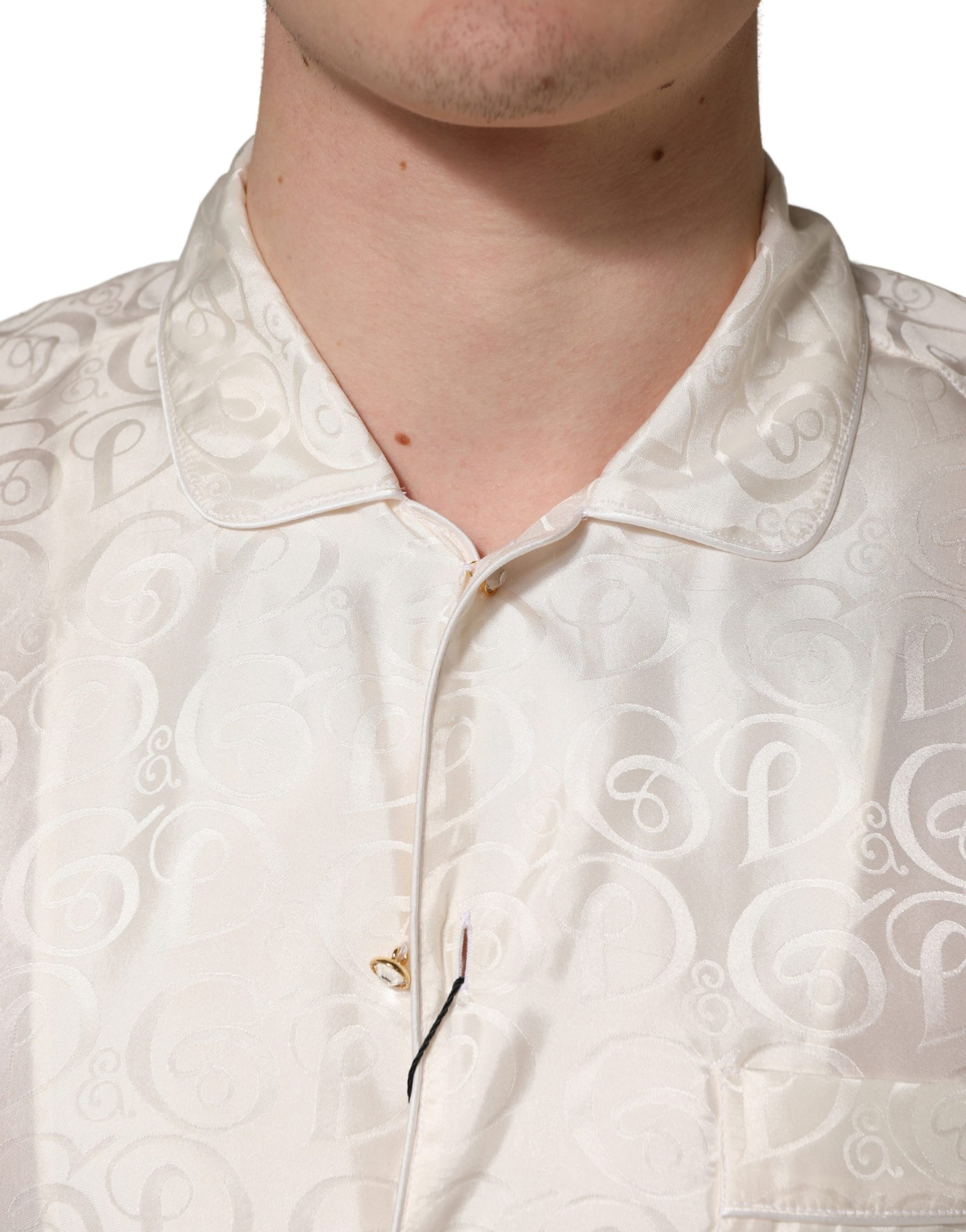 Dolce & Gabbana White Silk Long Sleeve Tonal Logo Print Shirt | Regal Royce