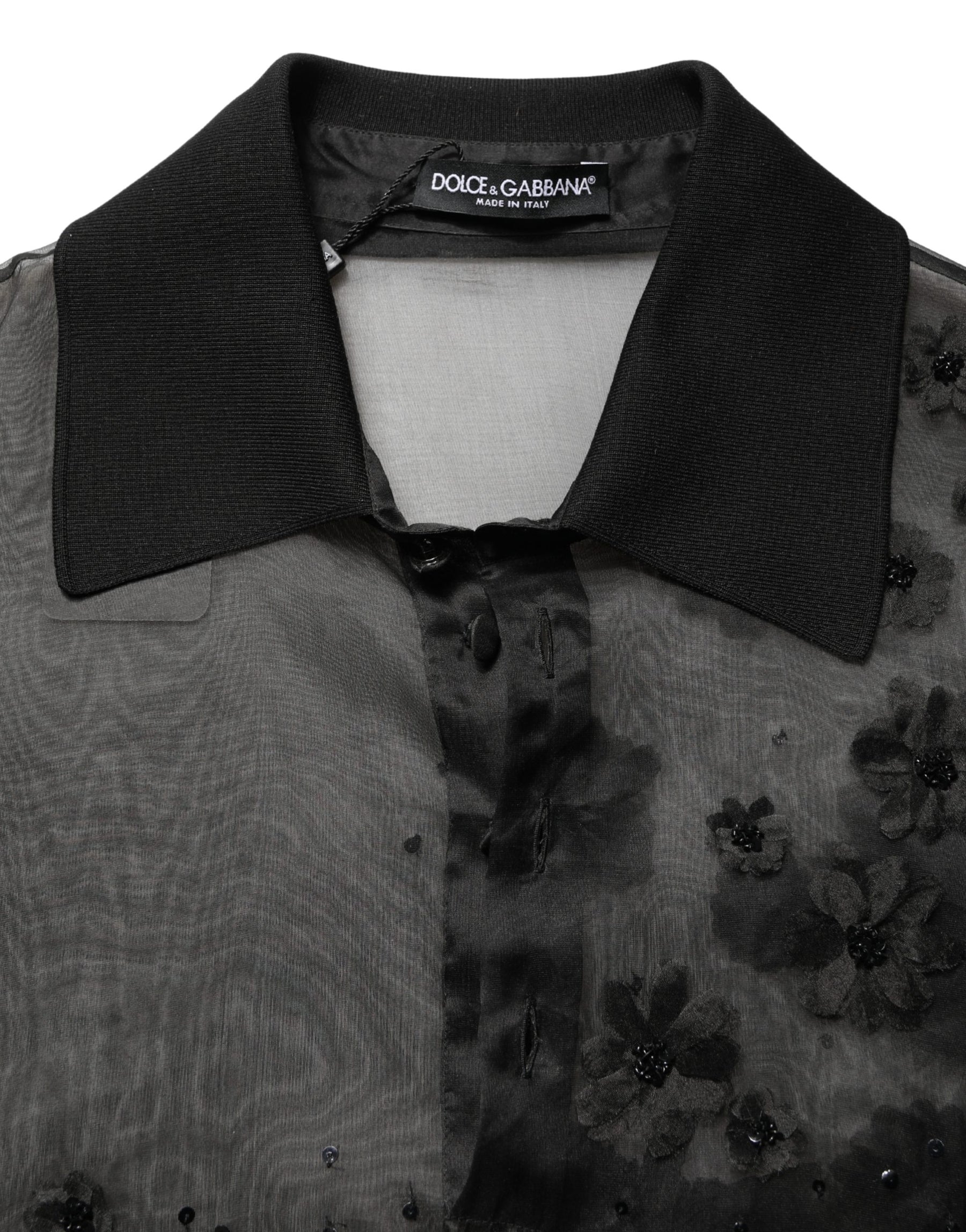 Dolce & Gabbana Black Floral Applique Sheer Short Sleeve Shirt | Regal Royce