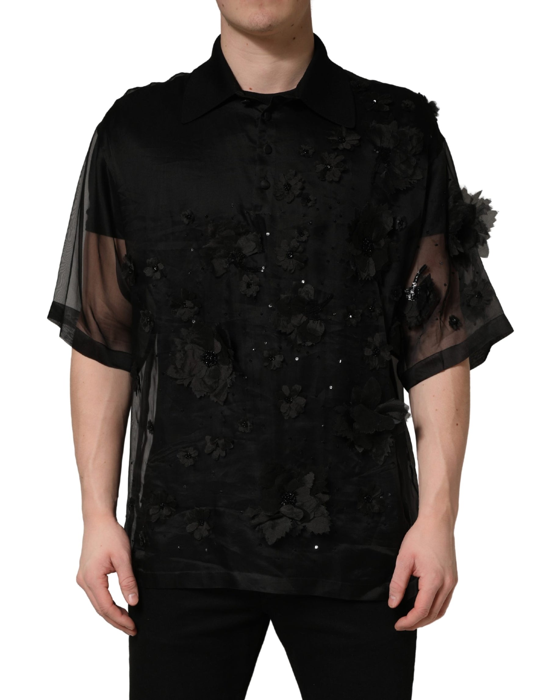 Dolce & Gabbana Black Floral Applique Sheer Short Sleeve Shirt | Regal Royce
