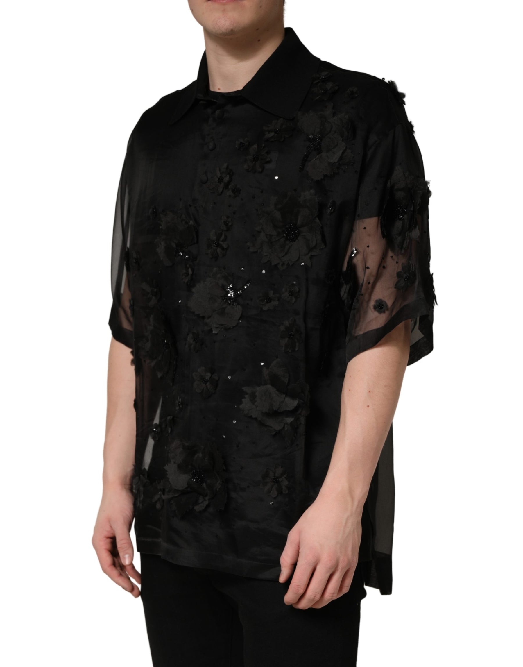 Dolce & Gabbana Black Floral Applique Sheer Short Sleeve Shirt | Regal Royce