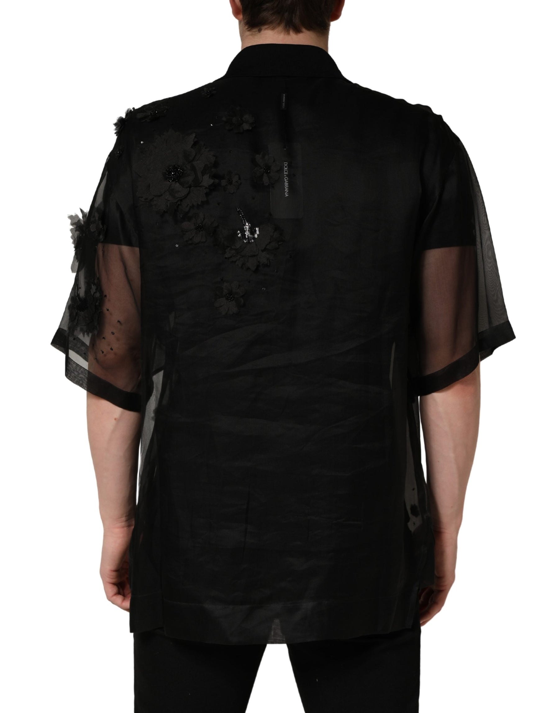 Dolce & Gabbana Black Floral Applique Sheer Short Sleeve Shirt | Regal Royce