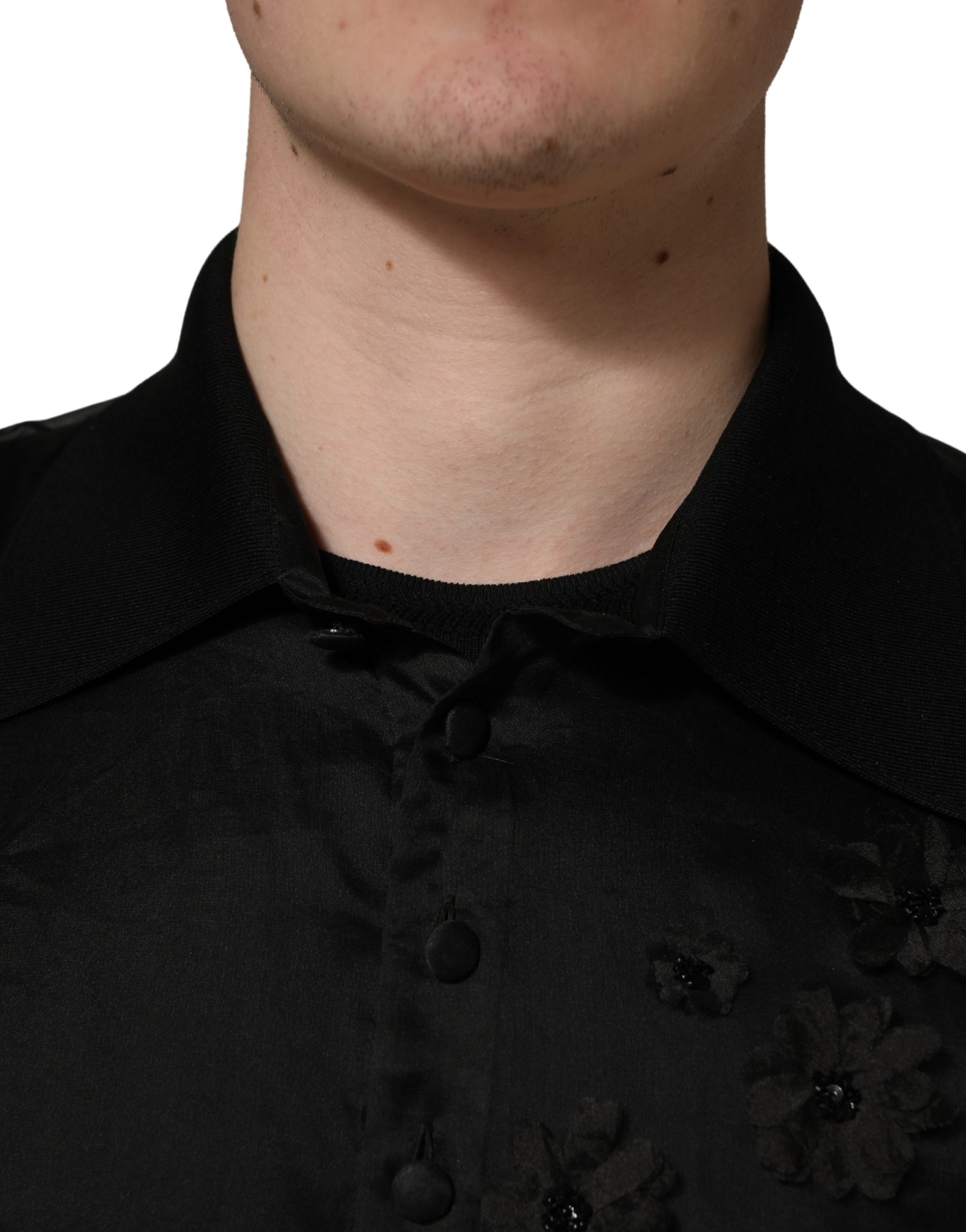 Dolce & Gabbana Black Floral Applique Sheer Short Sleeve Shirt | Regal Royce