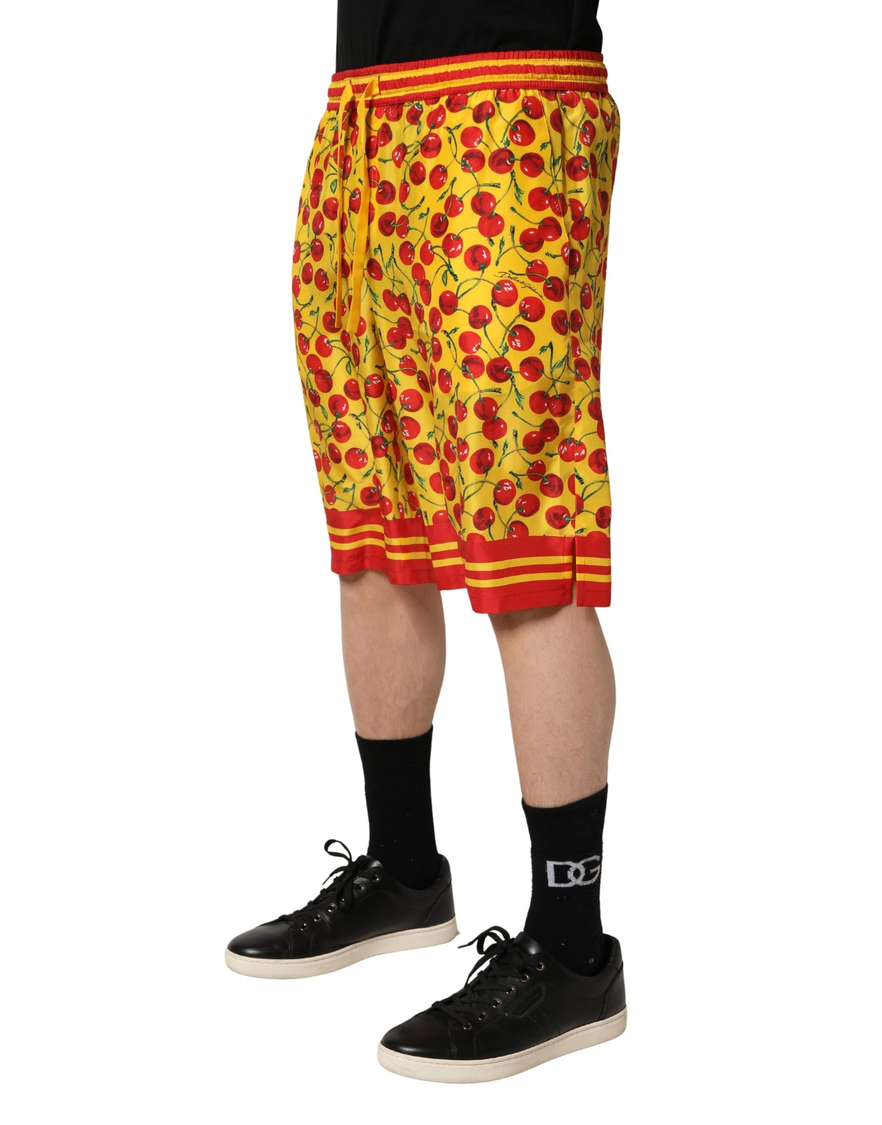 Dolce & Gabbana Yellow Red Cherry Print Silk Bermuda Shorts | Regal Royce