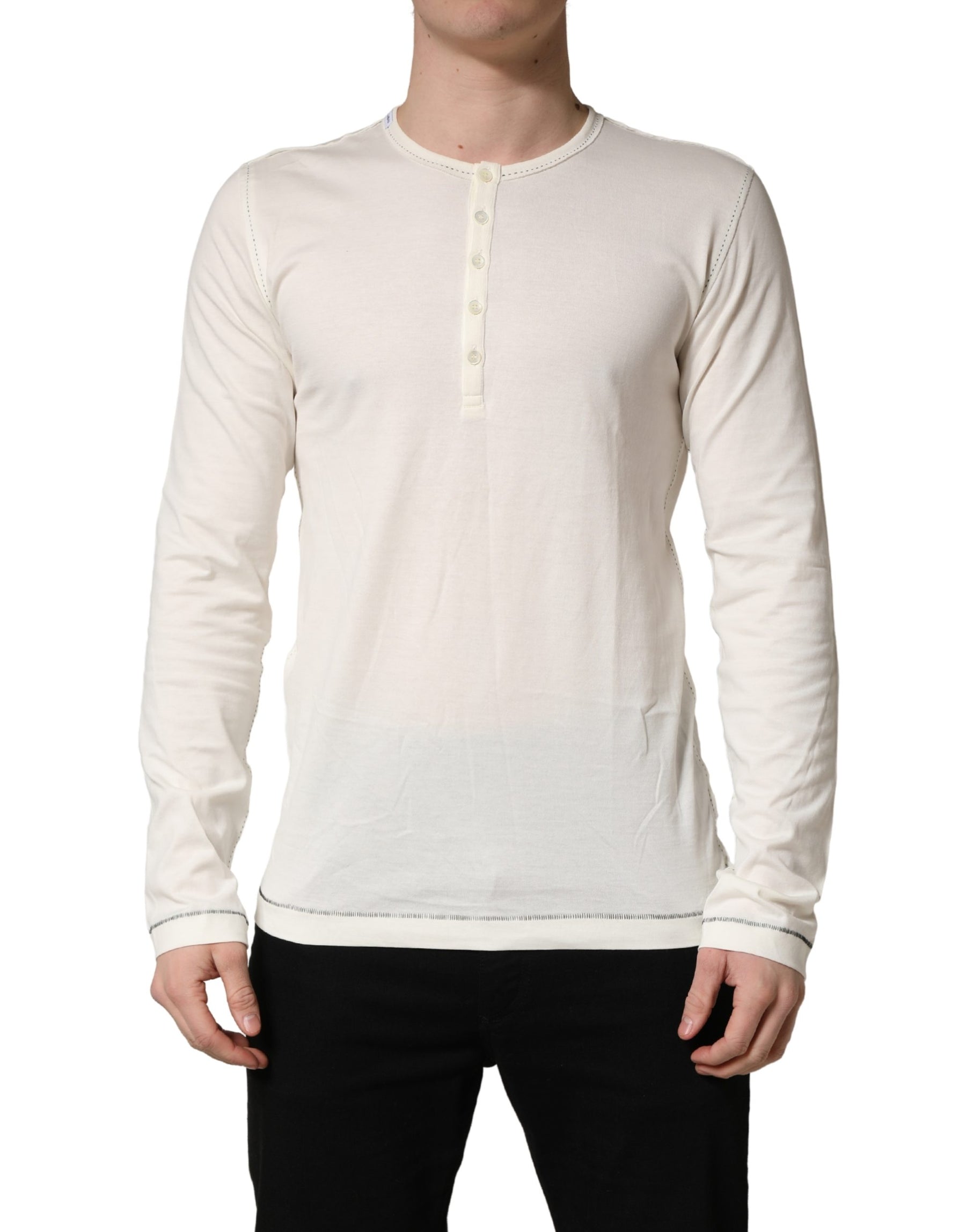 Dolce & Gabbana White Long Sleeves Henley Pullover Sweater | Regal Royce