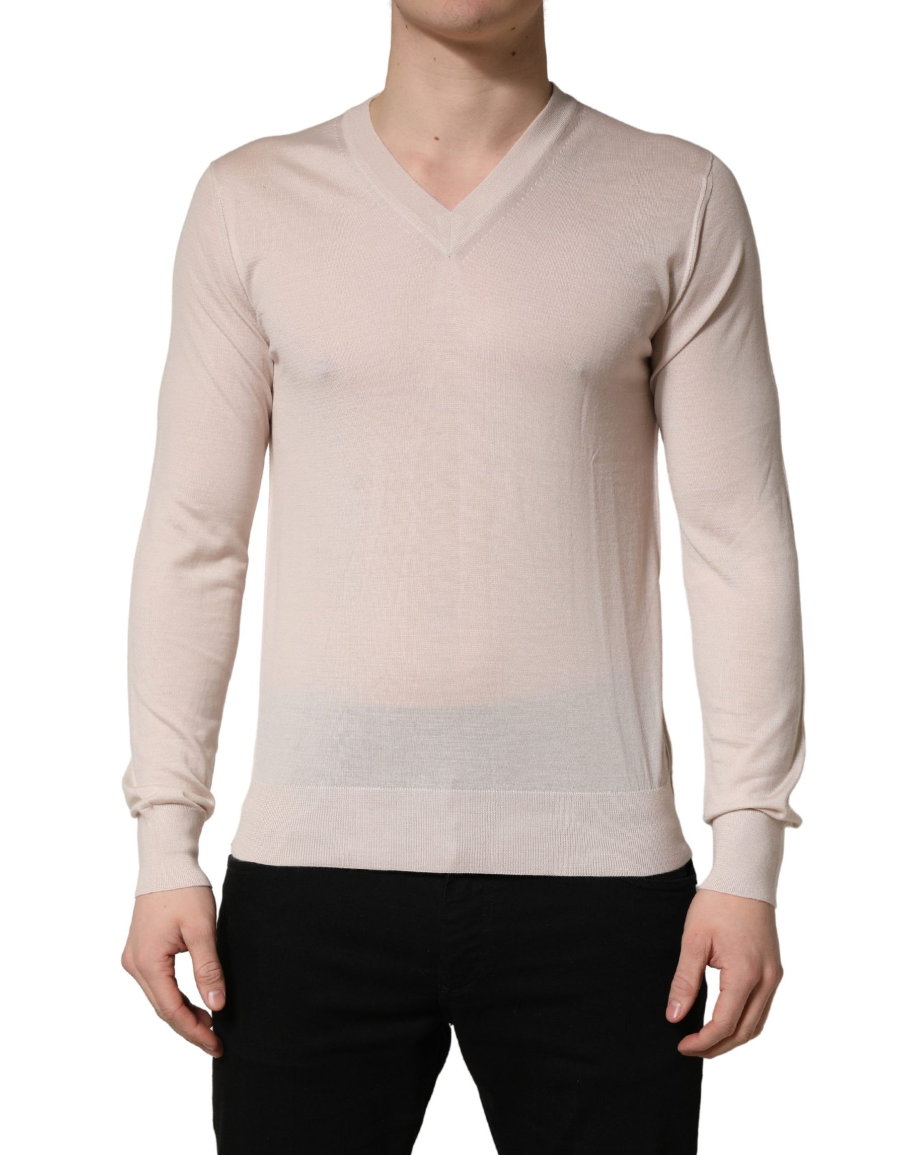 Dolce & Gabbana Beige Cashmere V-neck Men Pullover Sweater | Regal Royce
