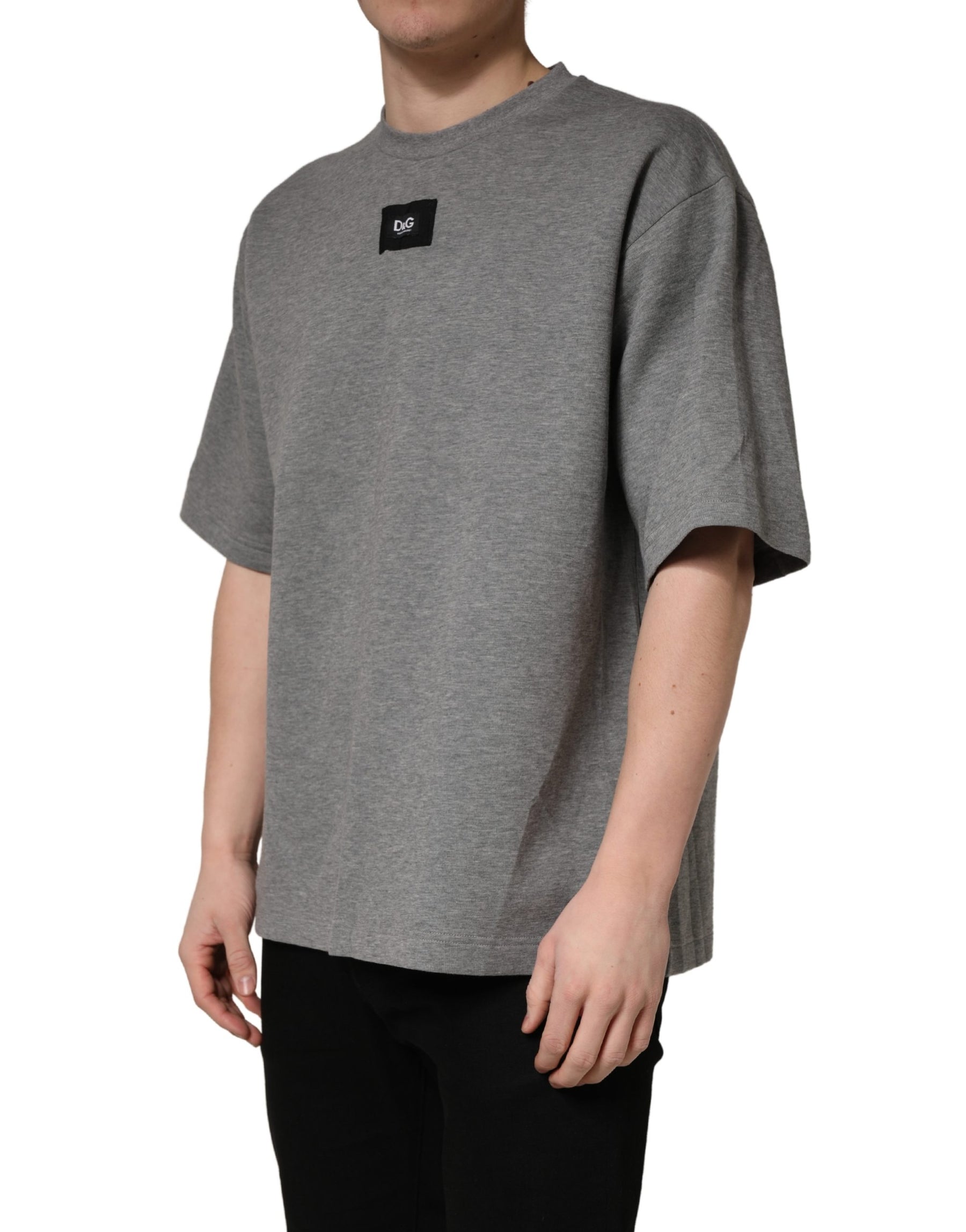 Dolce & Gabbana Gray Cotton Logo Appliqué CrewNeck T-shirt | Regal Royce