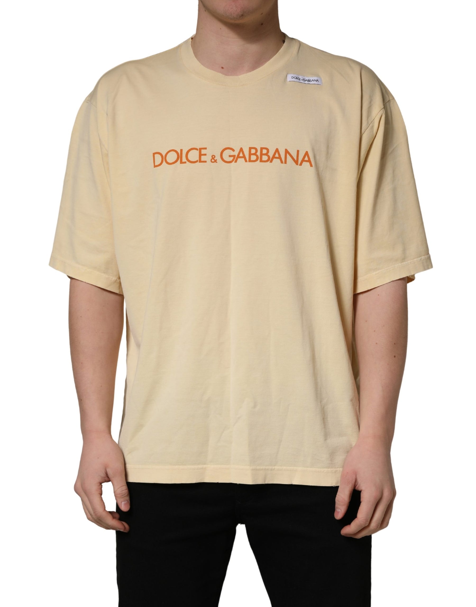 Dolce & Gabbana Yellow Logo Print Cotton Crew Neck T-shirt | Regal Royce