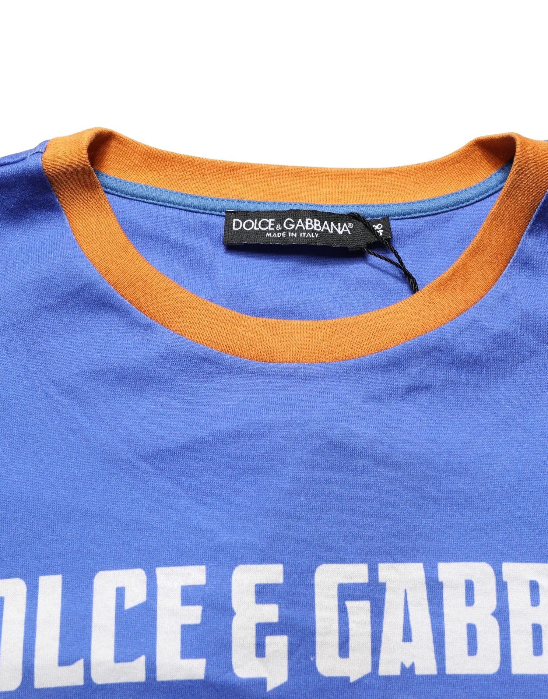 Dolce & Gabbana Blue Pasta Graphic Print Cotton Men Crewneck T-shirt | Regal Royce