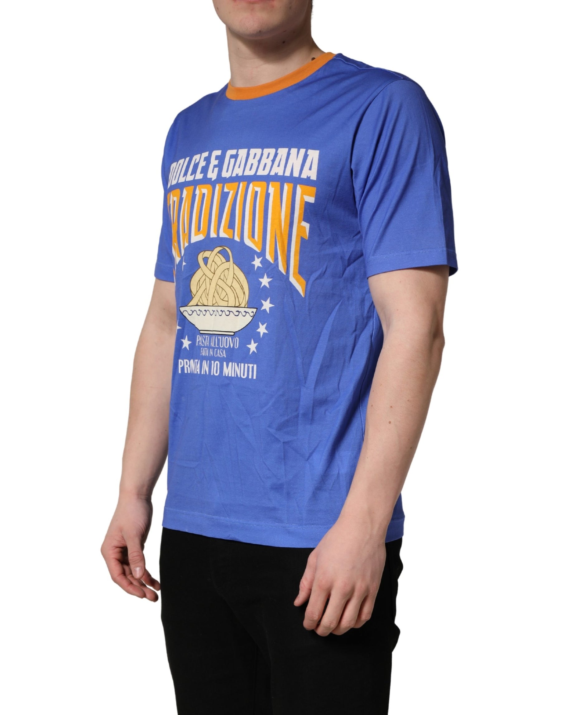 Dolce & Gabbana Blue Pasta Graphic Print Cotton Men Crewneck T-shirt | Regal Royce