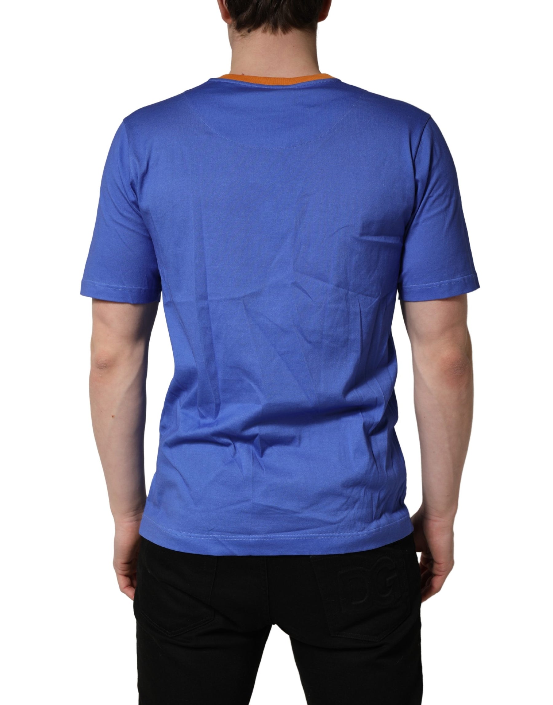 Dolce & Gabbana Blue Pasta Graphic Print Cotton Men Crewneck T-shirt | Regal Royce