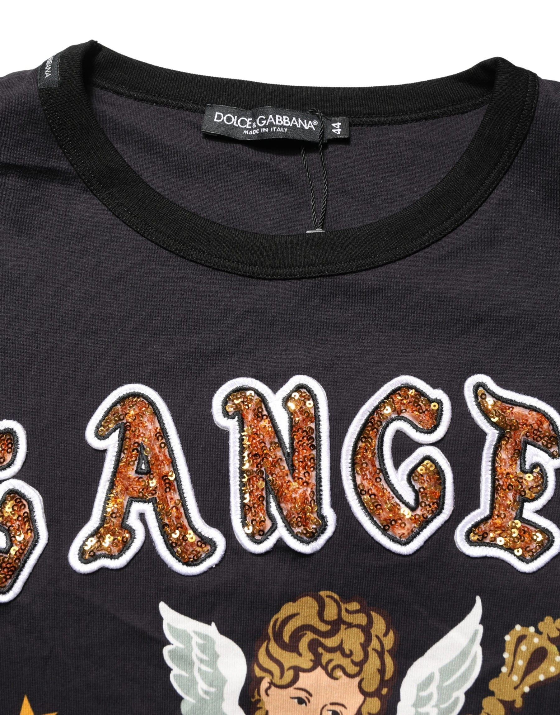 Dolce & Gabbana Black Angel Print Cotton Crew Neck T-shirt | Regal Royce