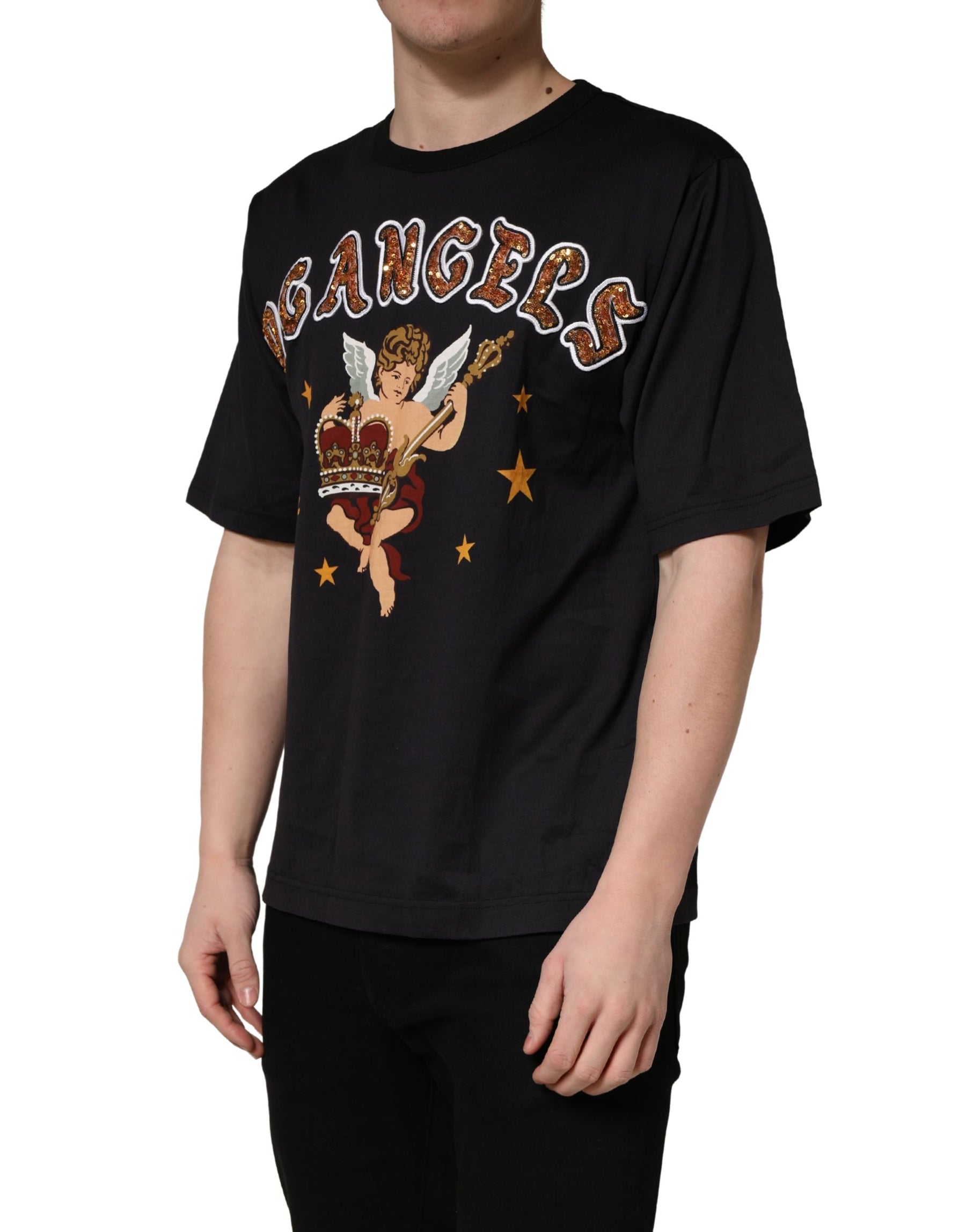 Dolce & Gabbana Black Angel Print Cotton Crew Neck T-shirt | Regal Royce