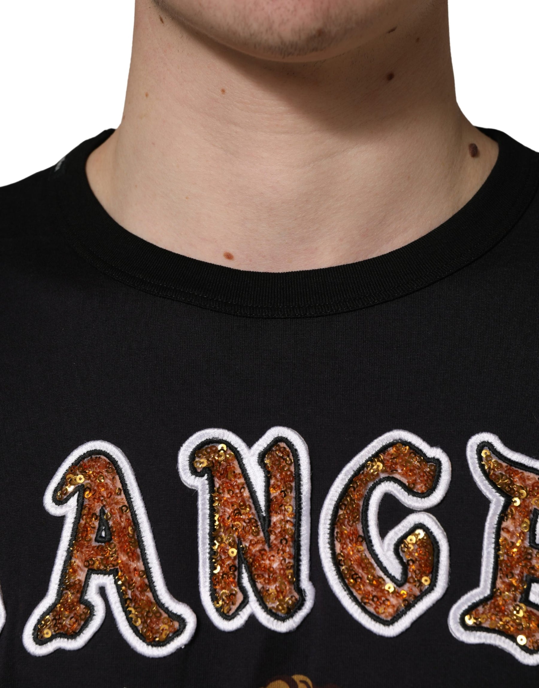 Dolce & Gabbana Black Angel Print Cotton Crew Neck T-shirt | Regal Royce