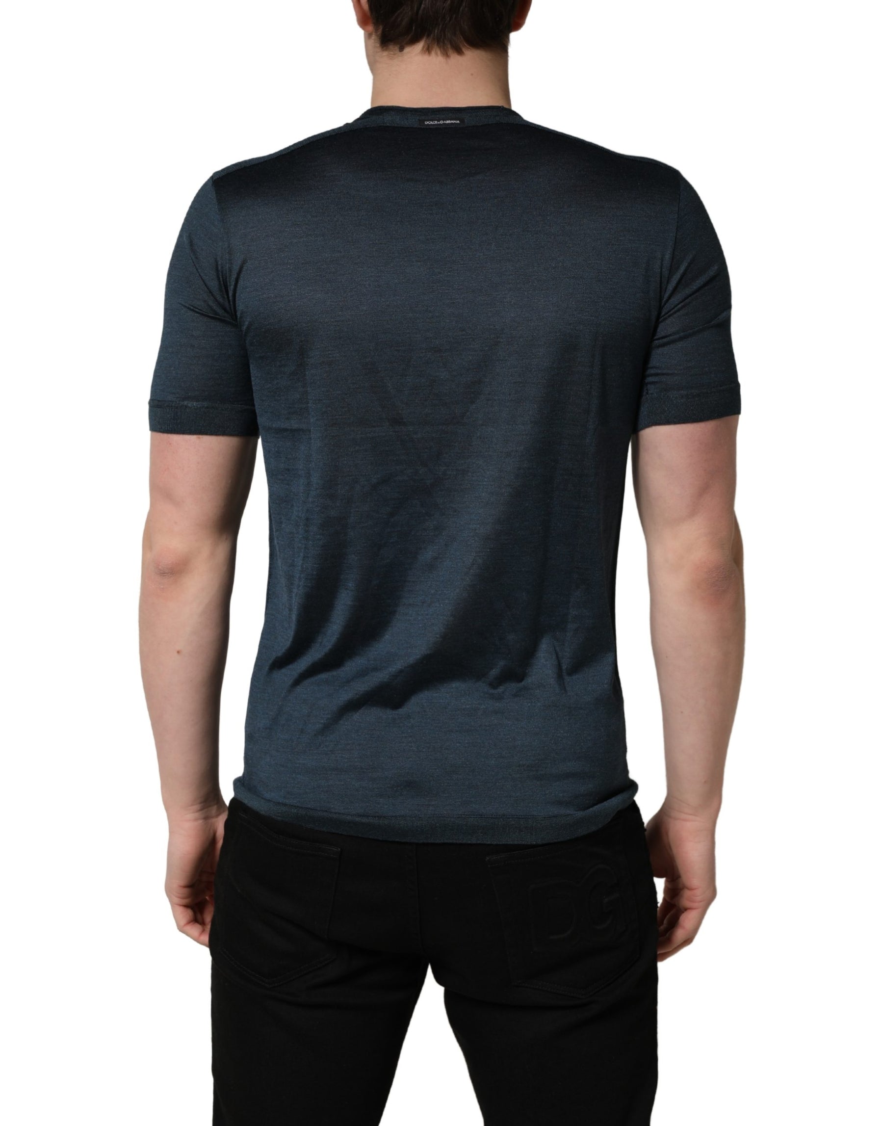 Dolce & Gabbana Dark Blue Silk Crew Neck Short Sleeve T-shirt | Regal Royce