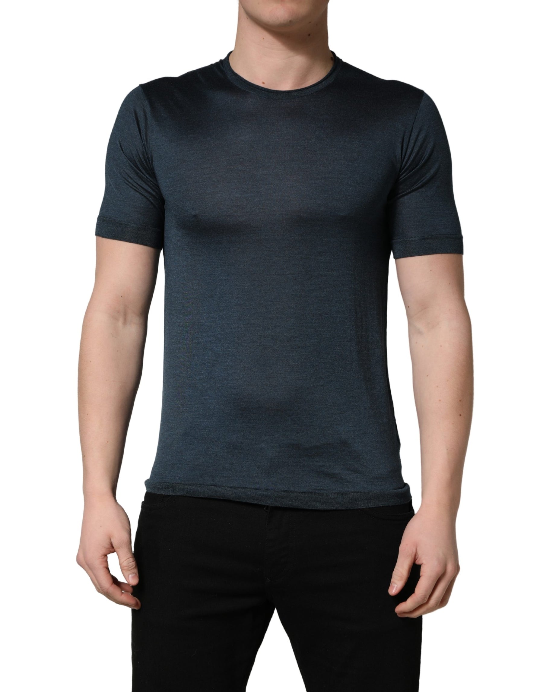 Dolce & Gabbana Dark Blue Silk Crew Neck Short Sleeve T-shirt | Regal Royce