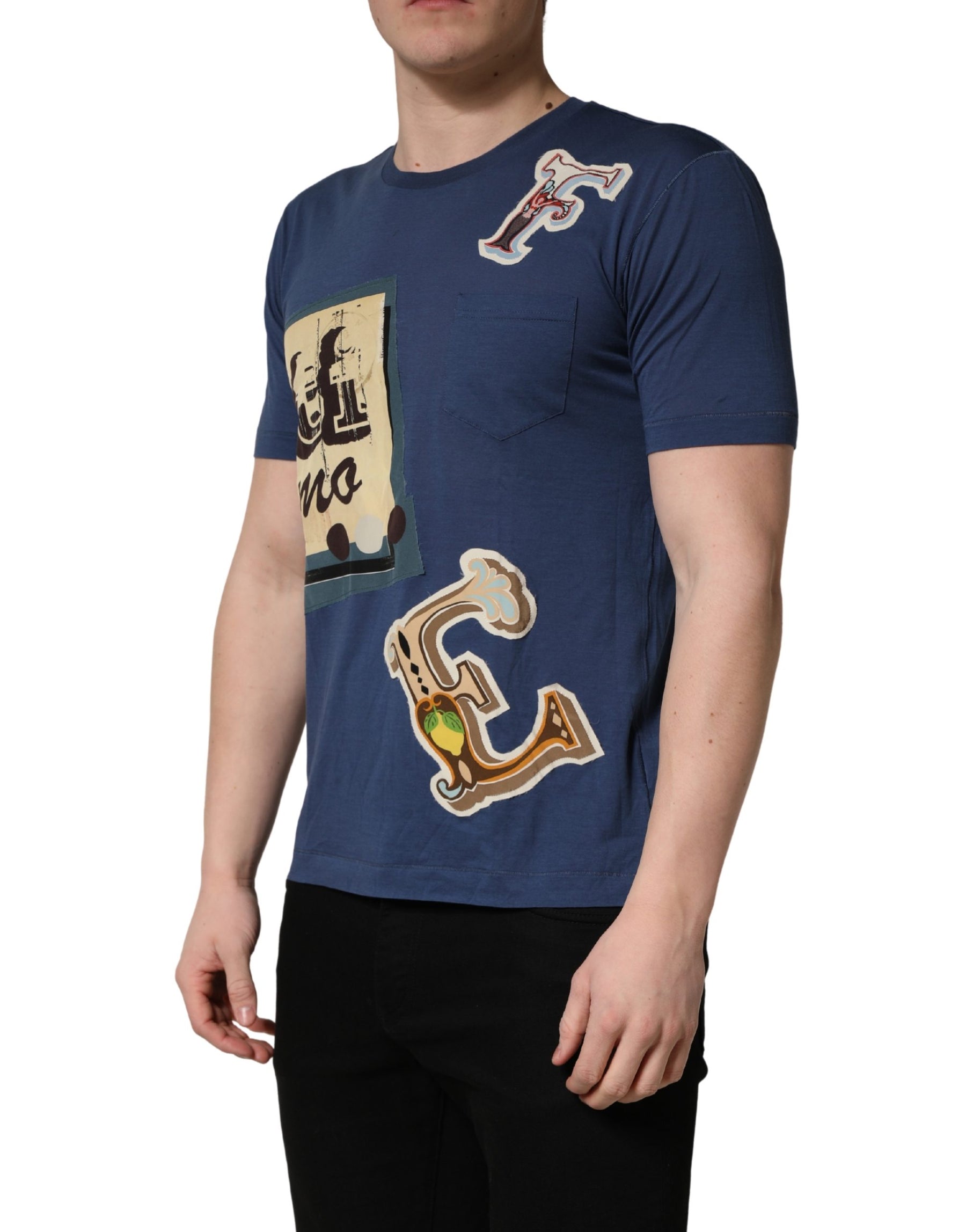 Dolce & Gabbana Navy Blue Cotton Graphic Crew Neck T-shirt | Regal Royce