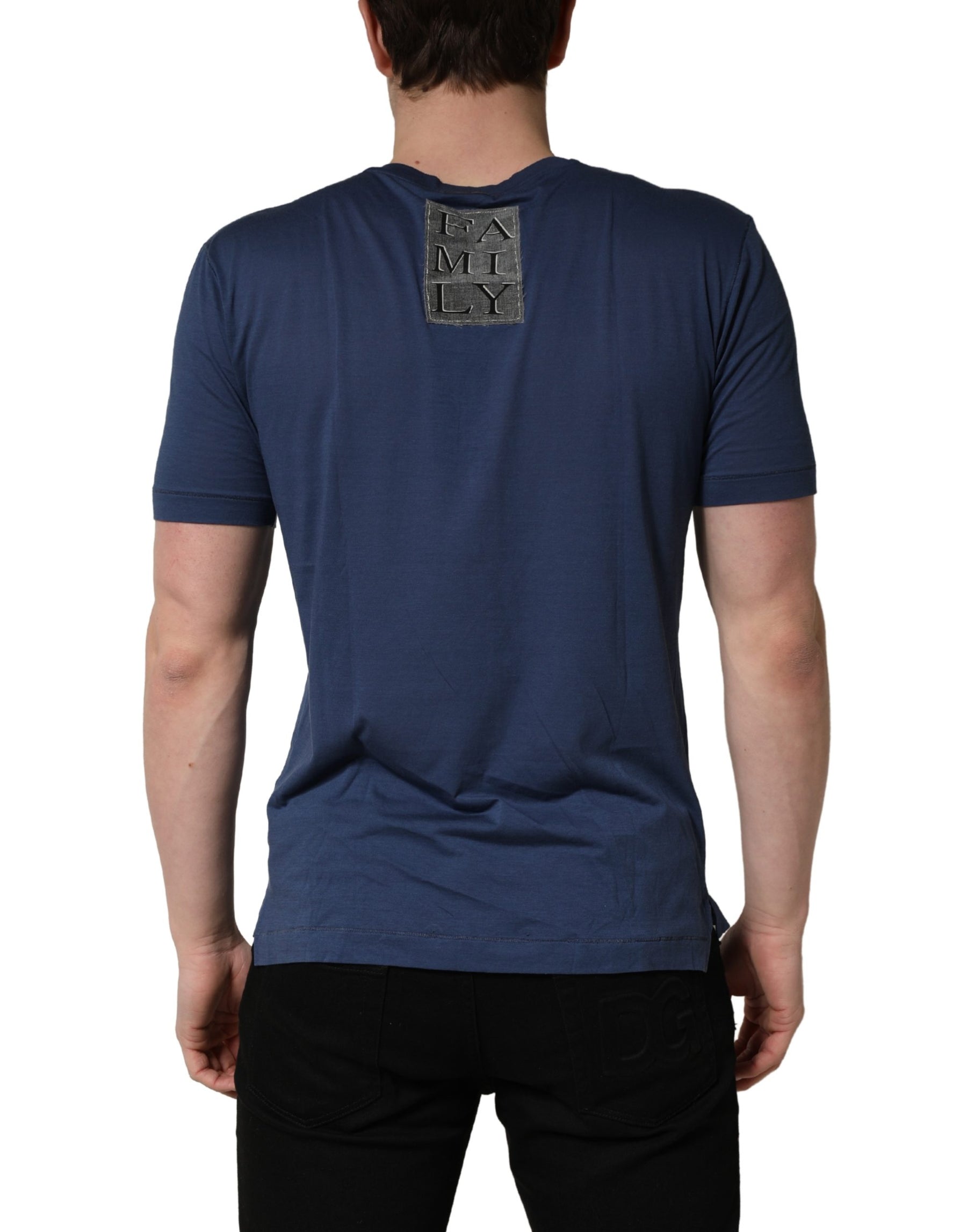 Dolce & Gabbana Navy Blue Cotton Graphic Crew Neck T-shirt | Regal Royce