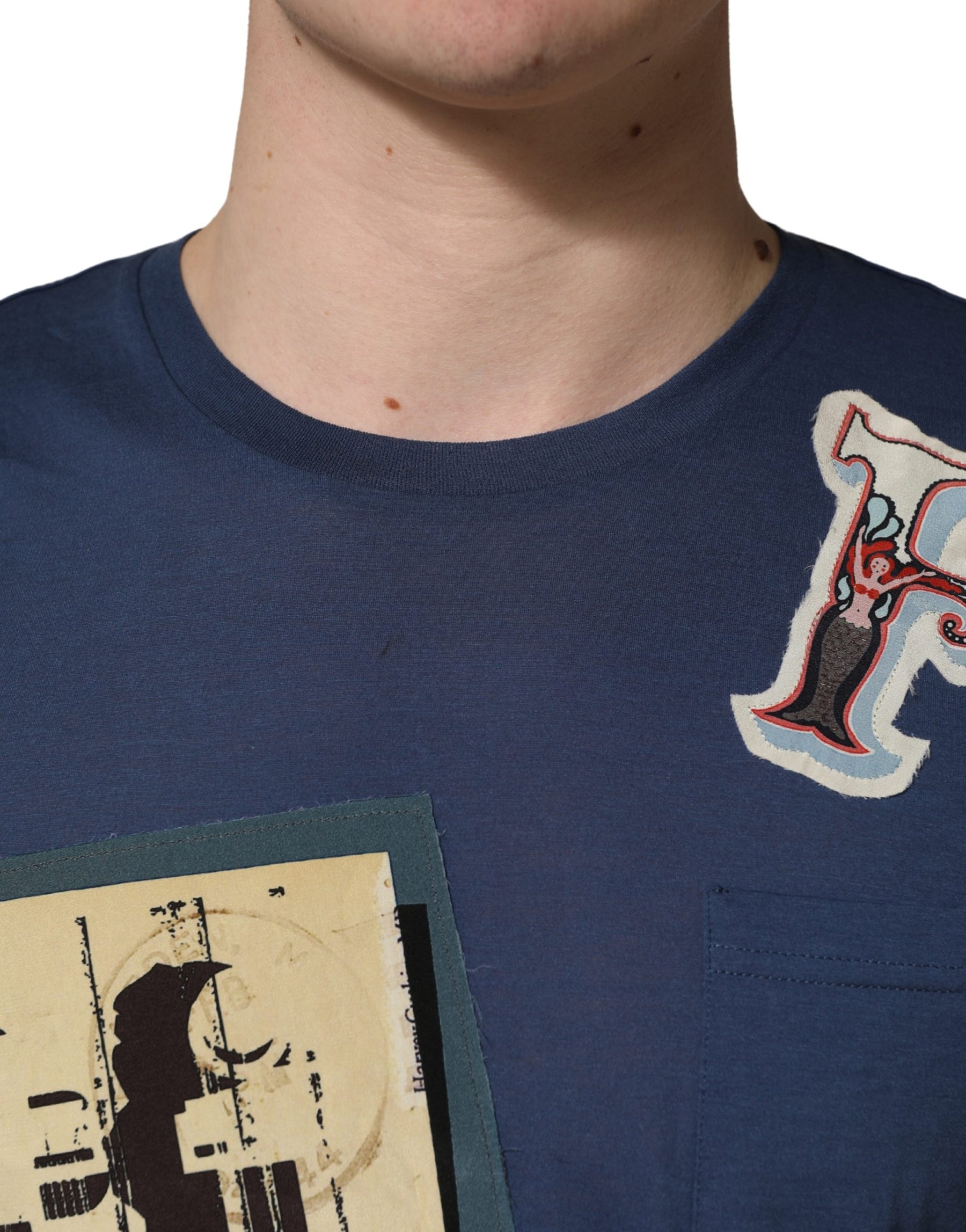 Dolce & Gabbana Navy Blue Cotton Graphic Crew Neck T-shirt | Regal Royce