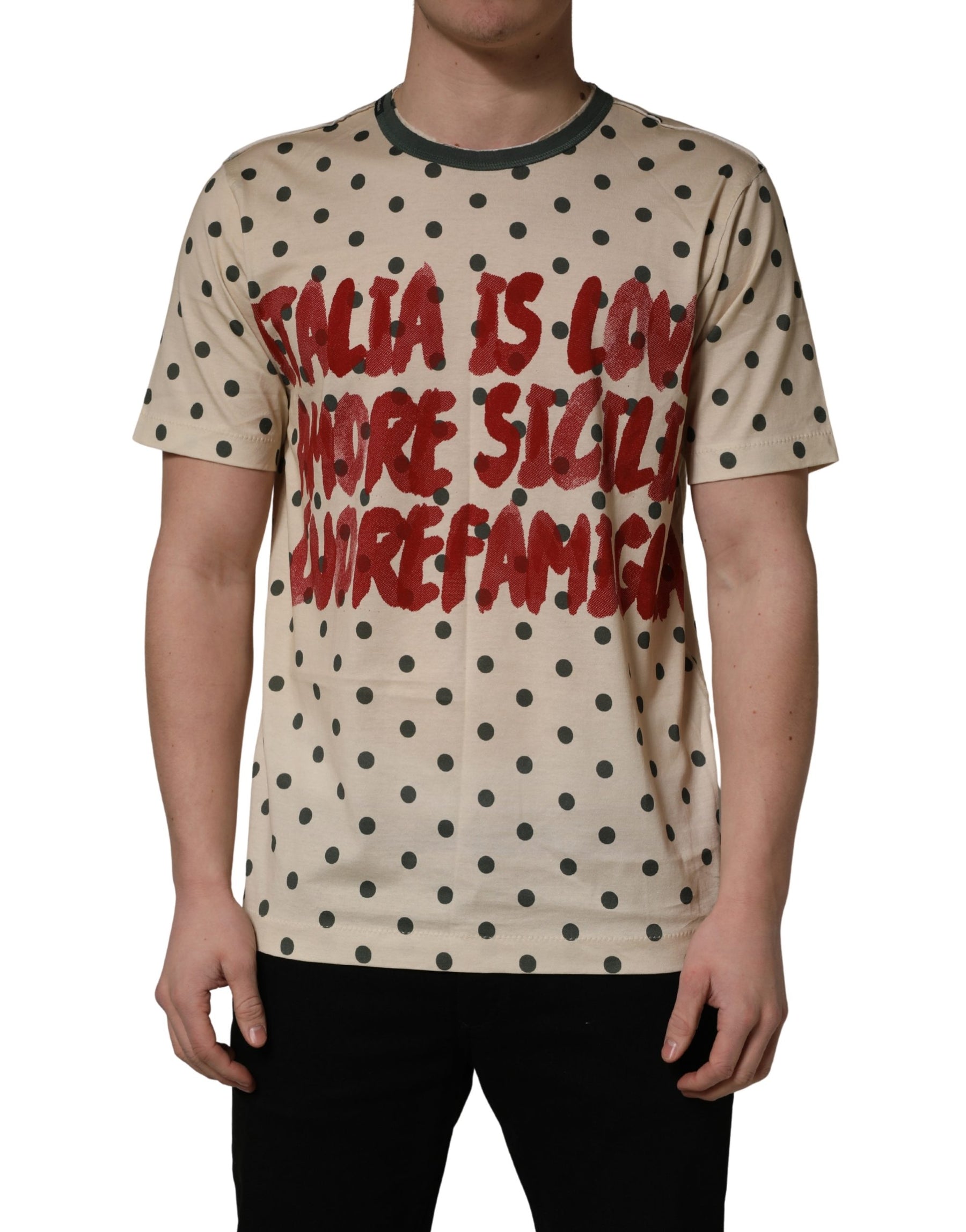 Dolce & Gabbana Beige Cotton Polka Dot Graphic Tee T-shirt | Regal Royce