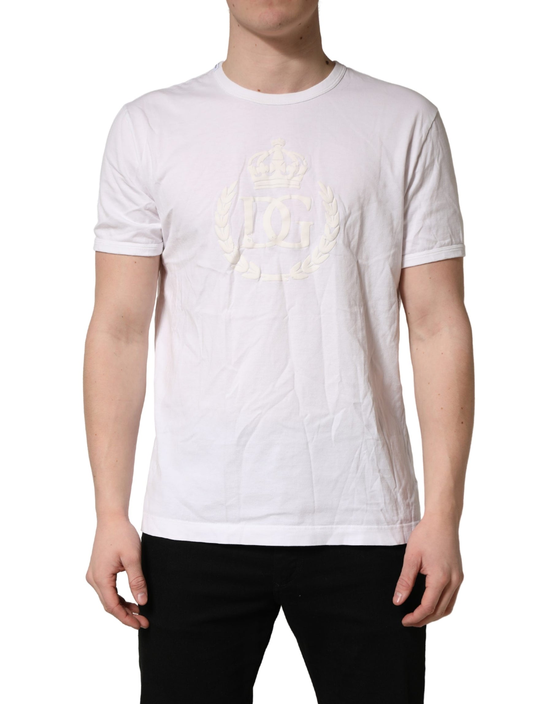Dolce & Gabbana White Cotton DG Crown Embossed Men T-shirt | Regal Royce