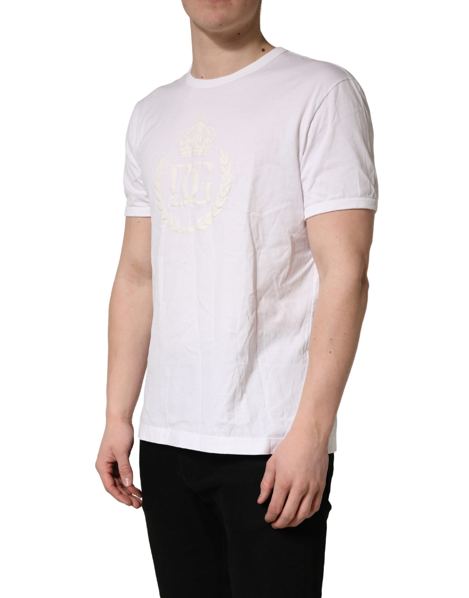 Dolce & Gabbana White Cotton DG Crown Embossed Men T-shirt | Regal Royce