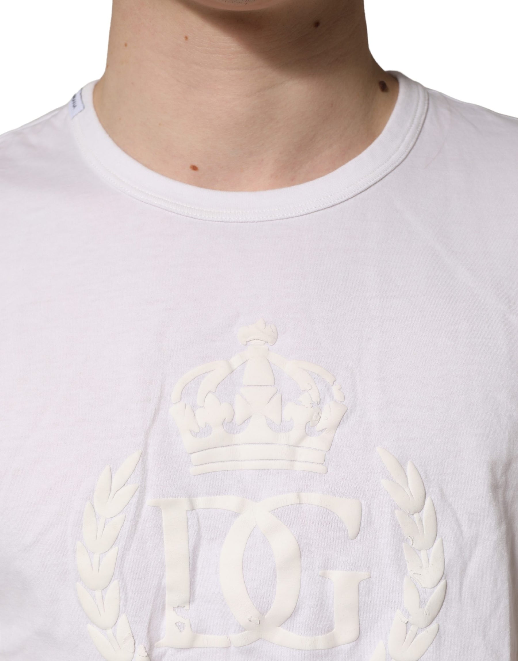 Dolce & Gabbana White Cotton DG Crown Embossed Men T-shirt | Regal Royce