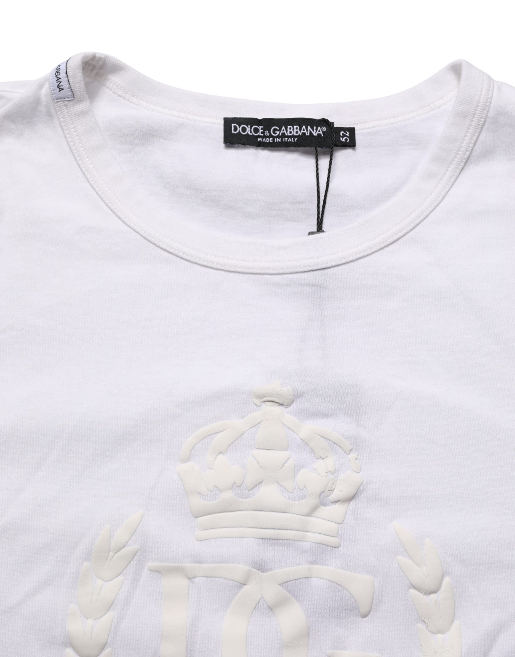 Dolce & Gabbana White Cotton DG Crown Embossed Men T-shirt | Regal Royce