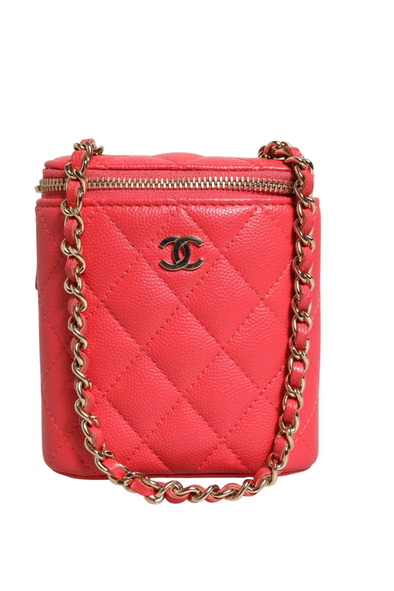 Chanel Red Caviar Quilted Small Vertical Coco Beauty Vanity Case with Chain | Regal Royce
