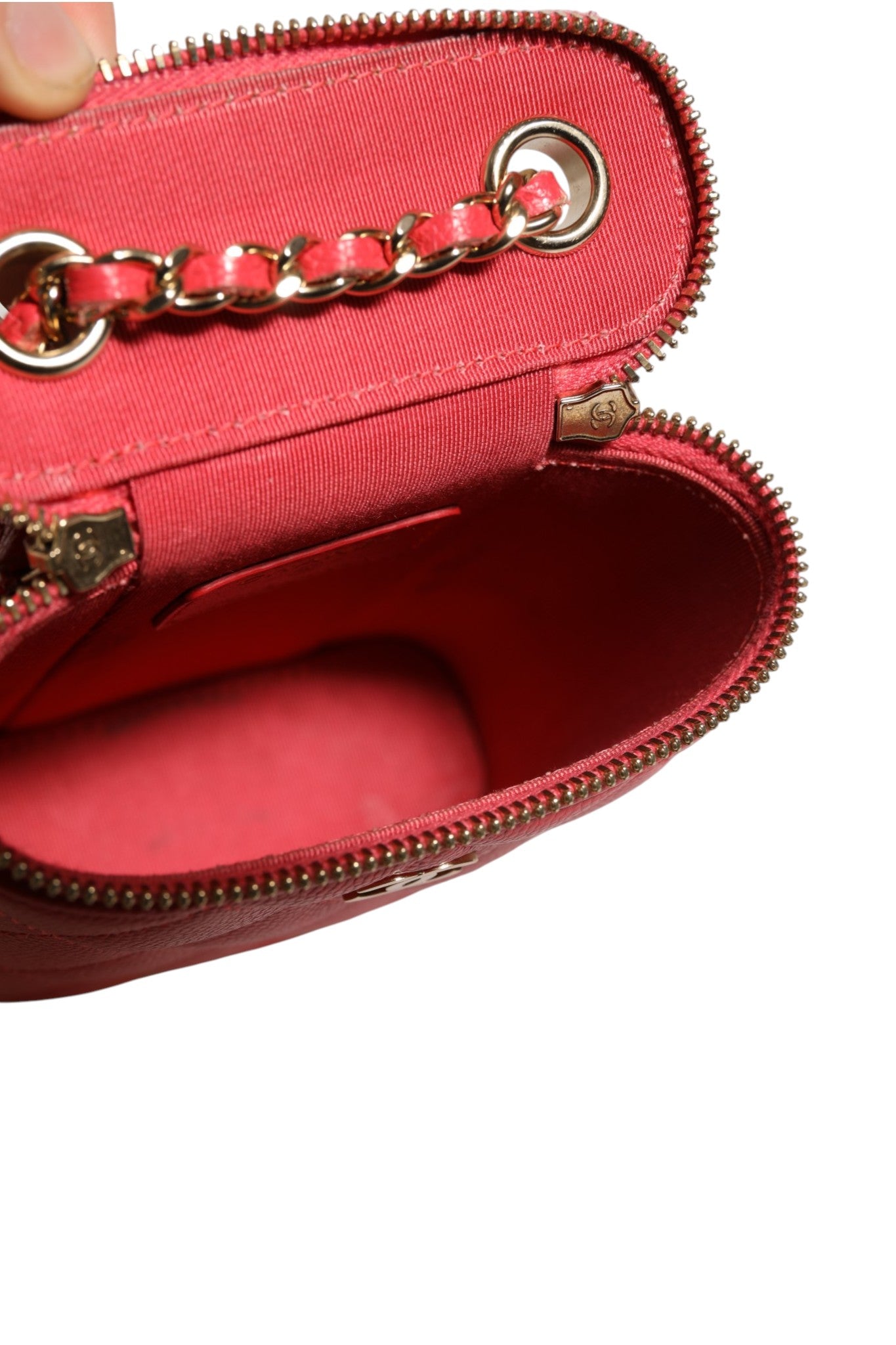 Chanel Red Caviar Quilted Small Vertical Coco Beauty Vanity Case with Chain | Regal Royce