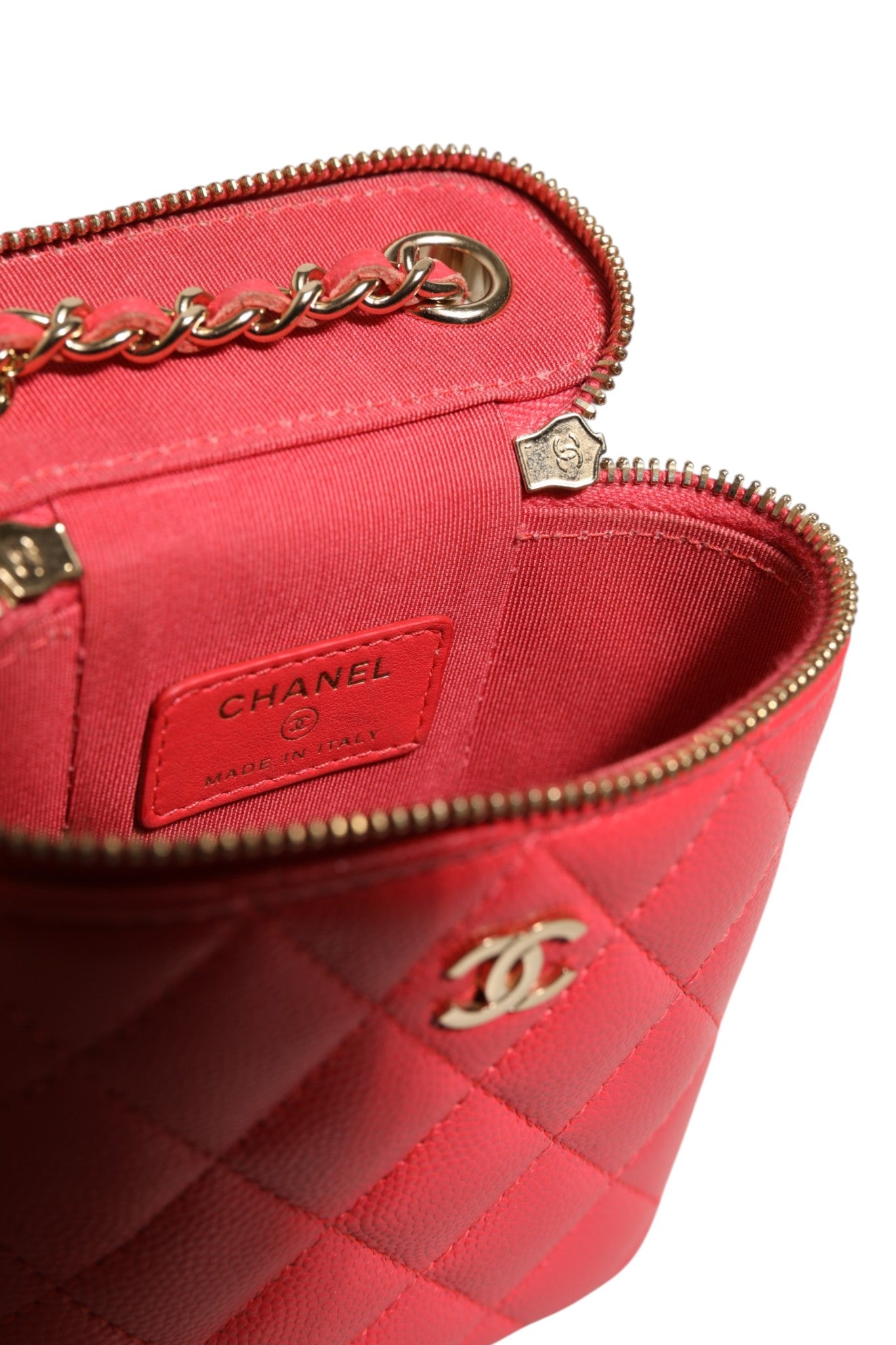 Chanel Red Caviar Quilted Small Vertical Coco Beauty Vanity Case with Chain | Regal Royce