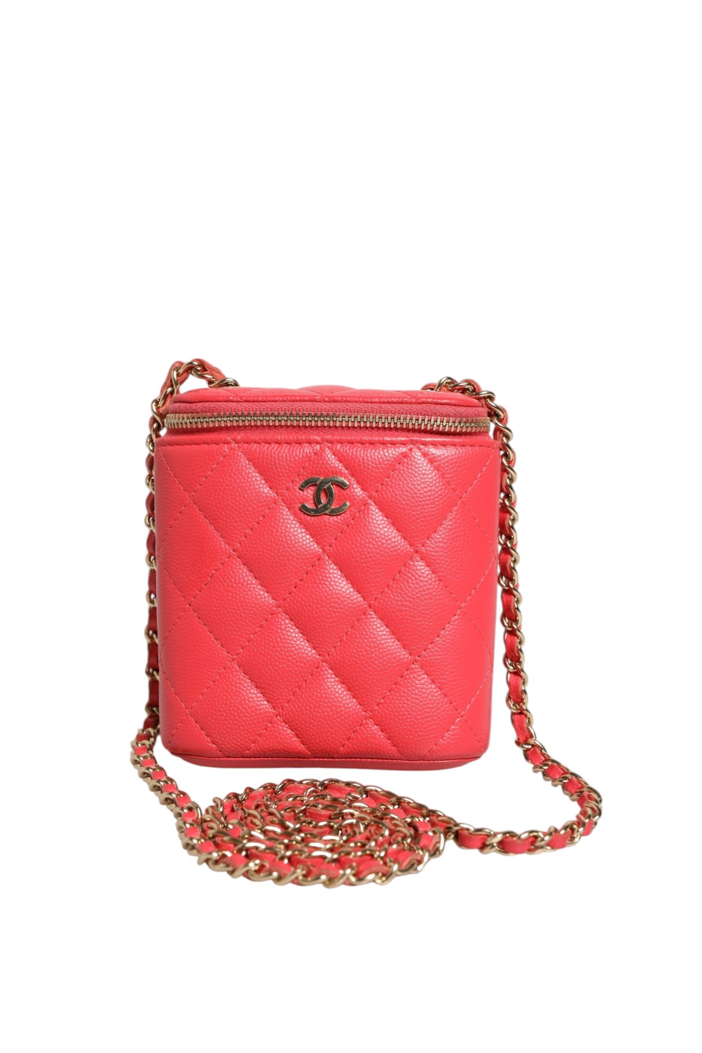 Chanel Red Caviar Quilted Small Vertical Coco Beauty Vanity Case with Chain | Regal Royce