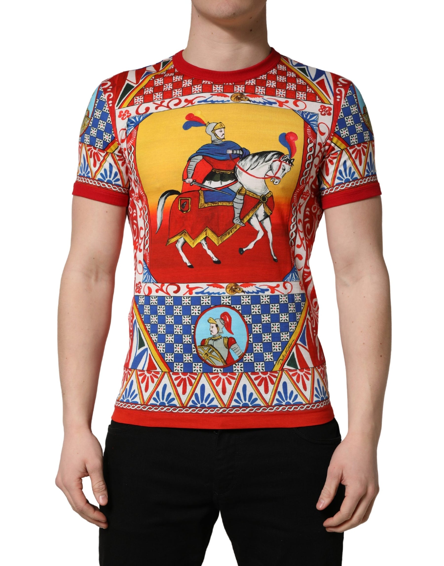Dolce & Gabbana Multicolor Carretto Print Crew Neck T-shirt | Regal Royce
