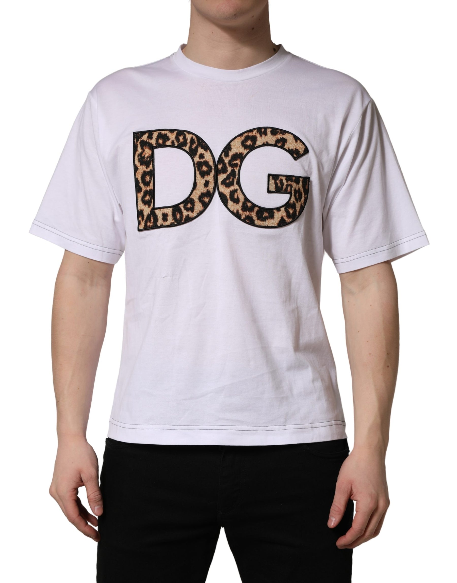 Dolce & Gabbana White Leopard Print DG Logo MenCotton T-shirt | Regal Royce