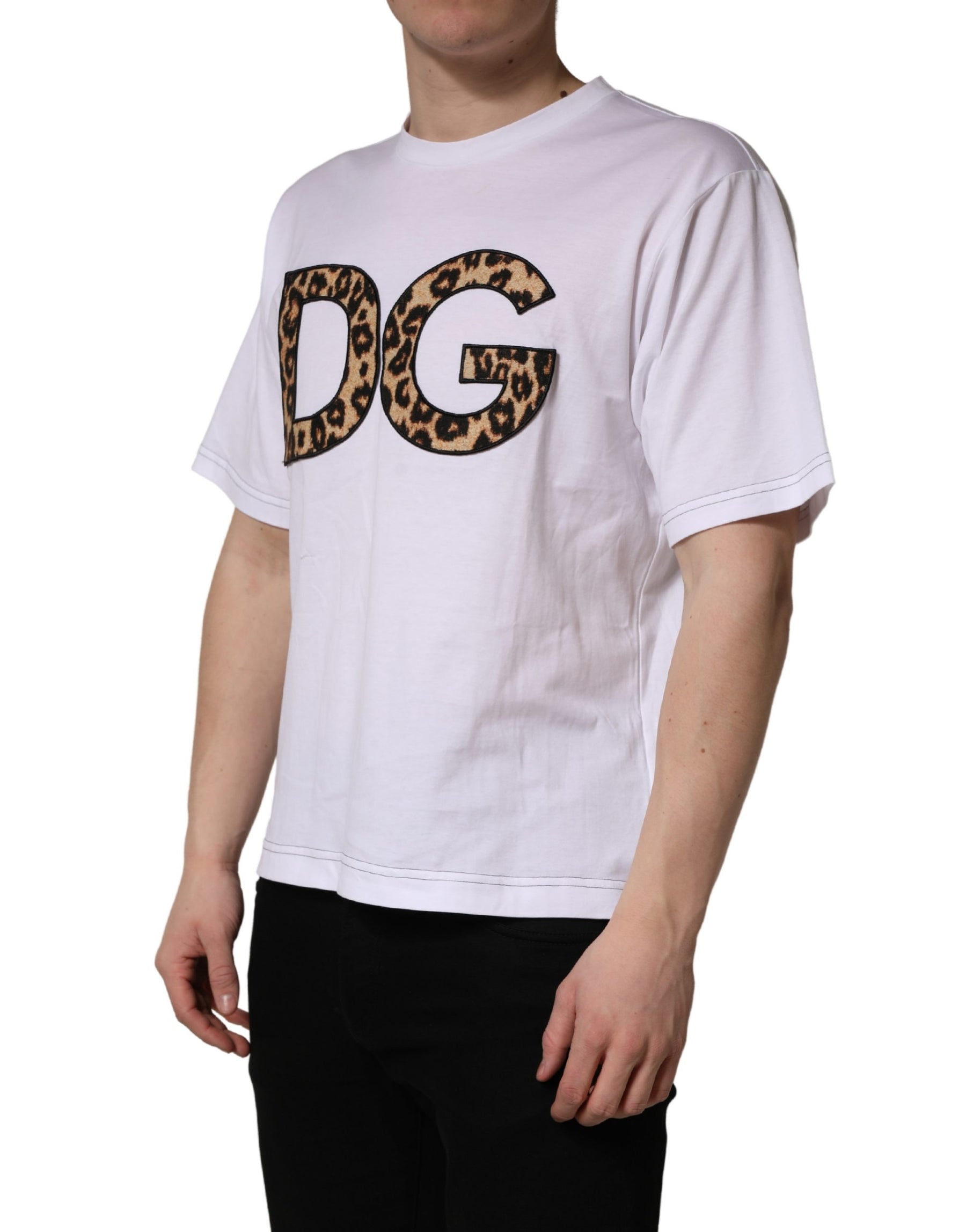 Dolce & Gabbana White Leopard Print DG Logo MenCotton T-shirt | Regal Royce
