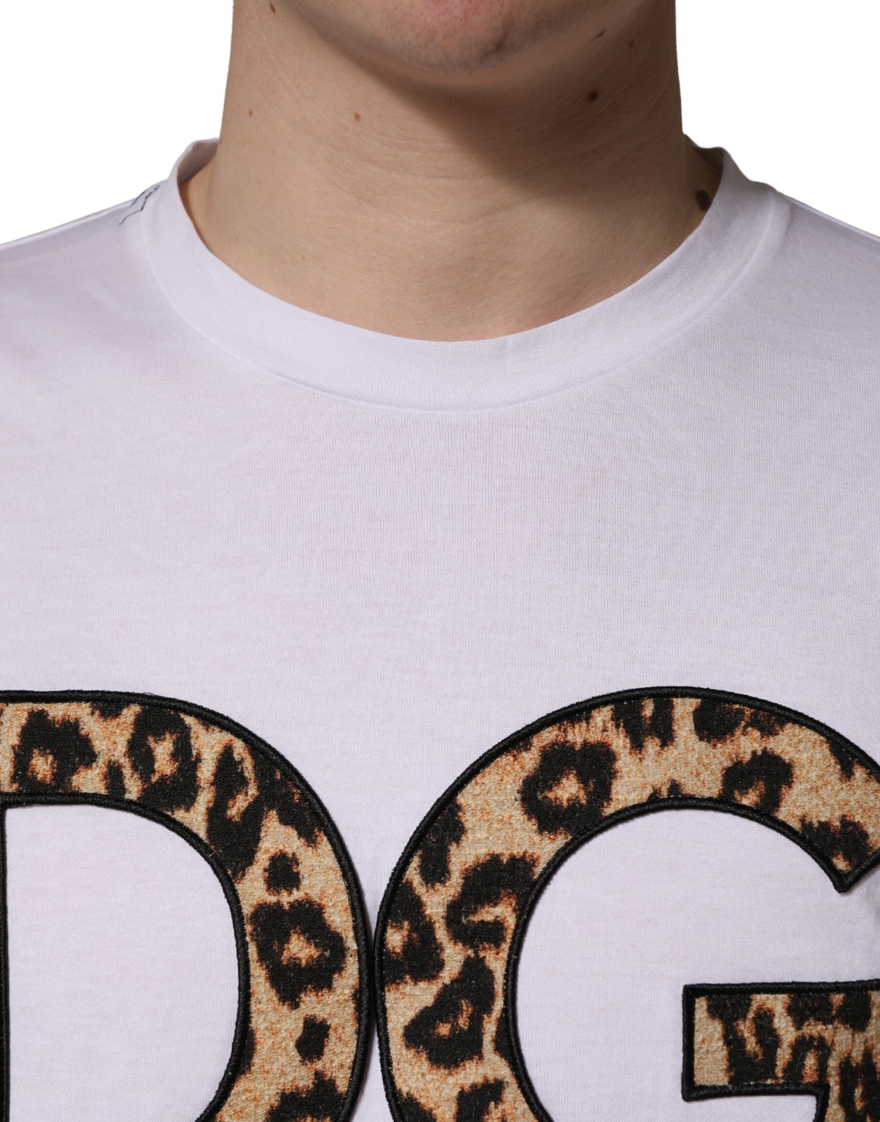 Dolce & Gabbana White Leopard Print DG Logo MenCotton T-shirt | Regal Royce