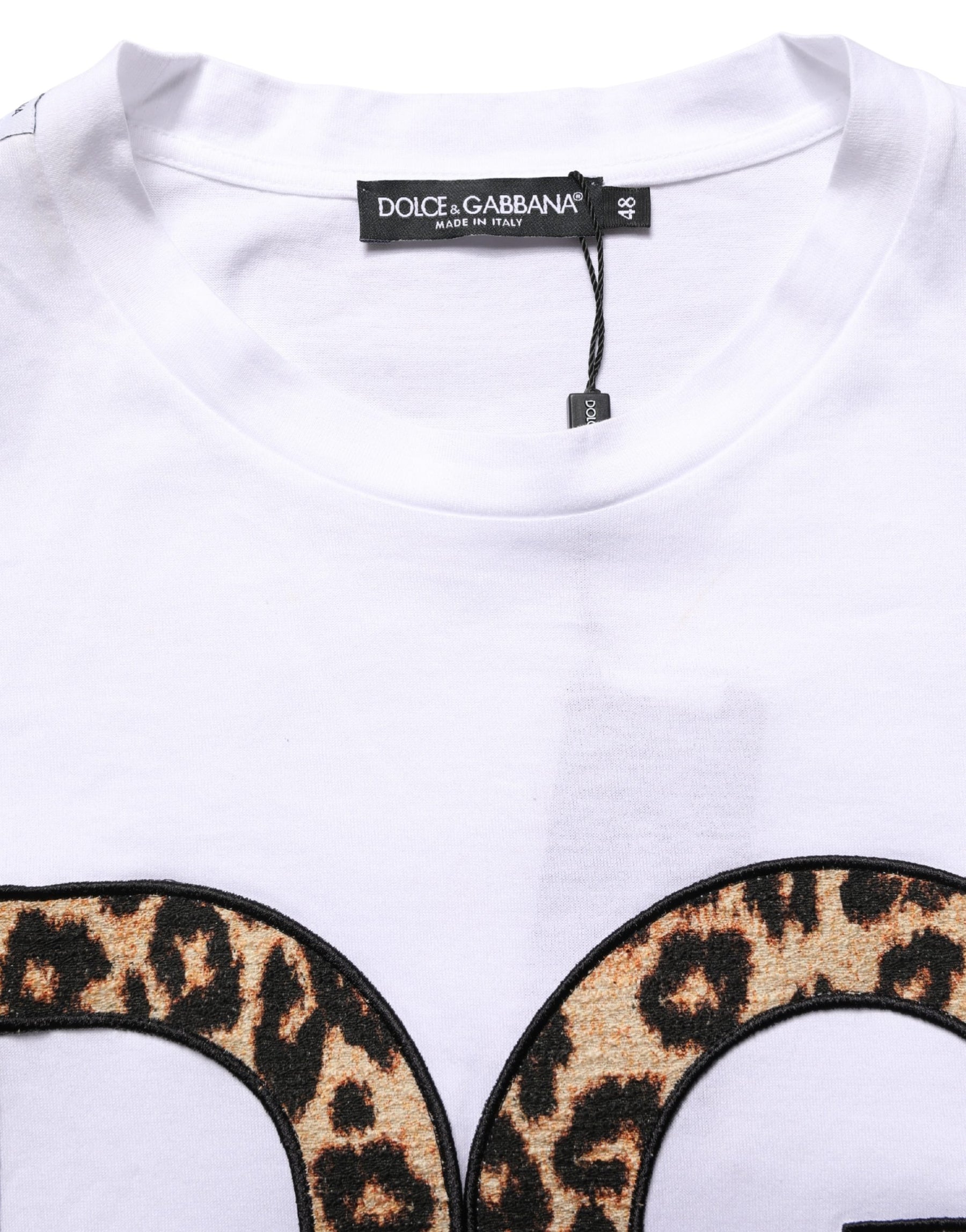 Dolce & Gabbana White Leopard Print DG Logo MenCotton T-shirt | Regal Royce