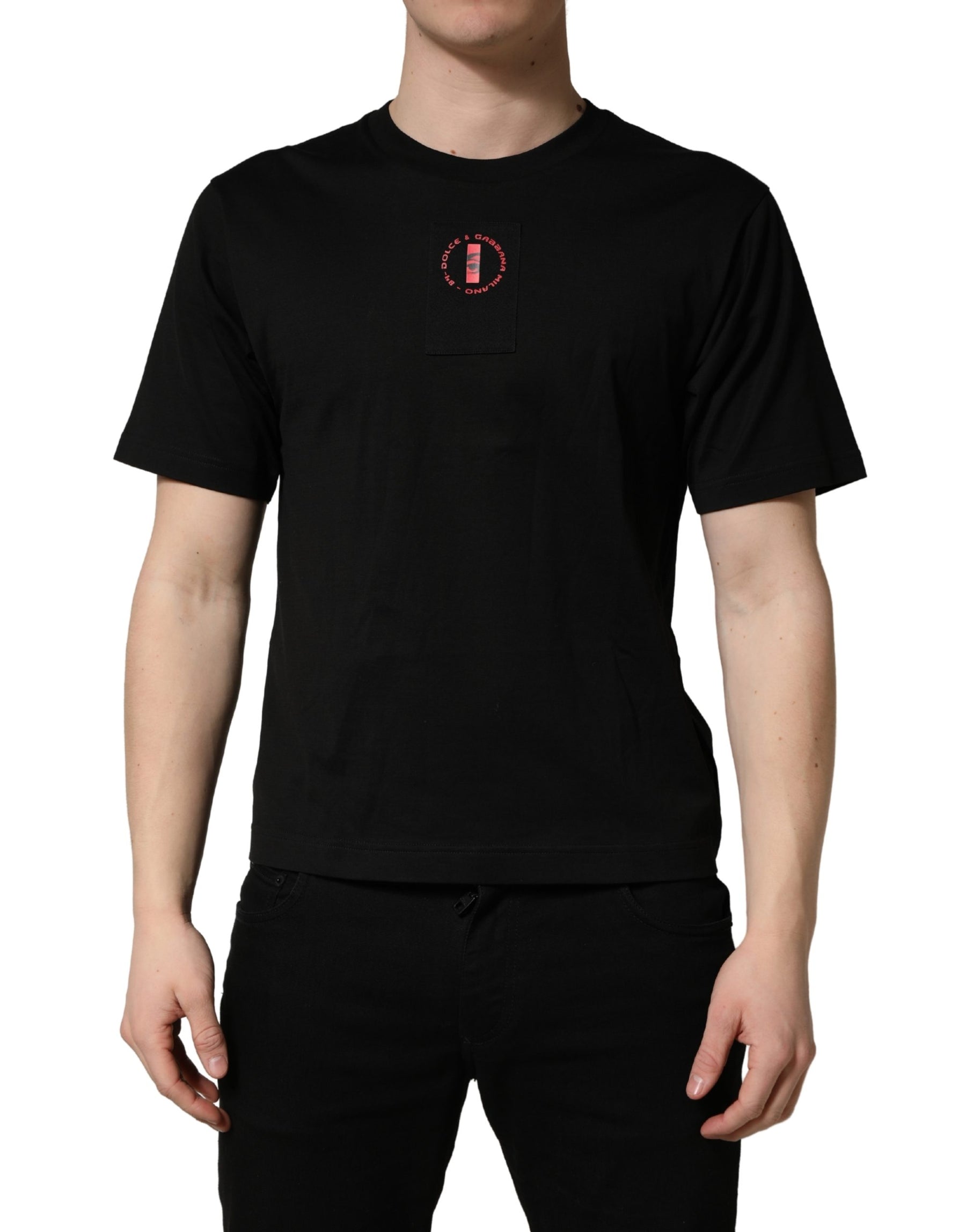 Dolce & Gabbana Black Cotton Jersey Logo Patch Crew Neck T-shirt | Regal Royce