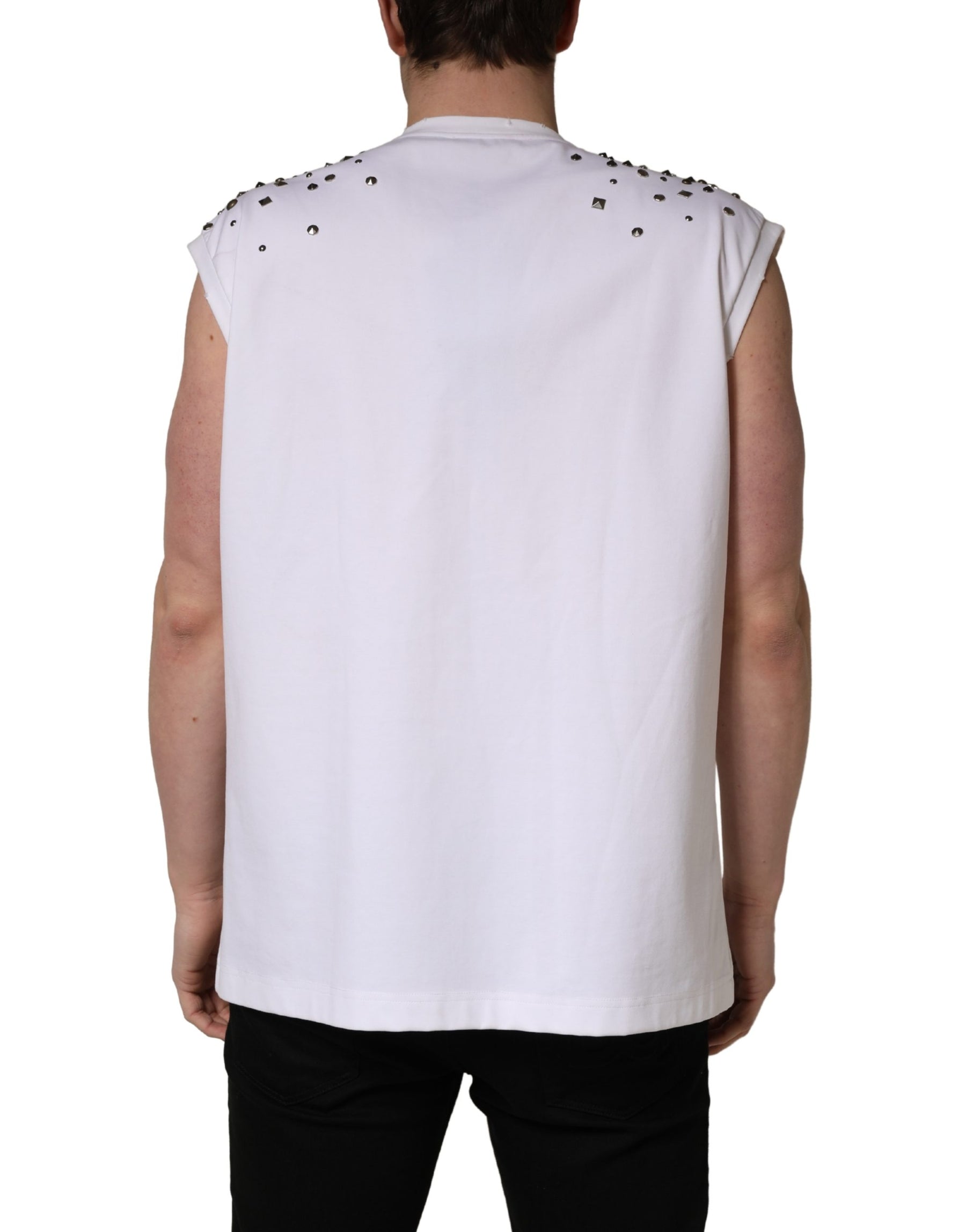 Dolce & Gabbana White Rhinestones Sleeveless Round Neck T-shirt | Regal Royce