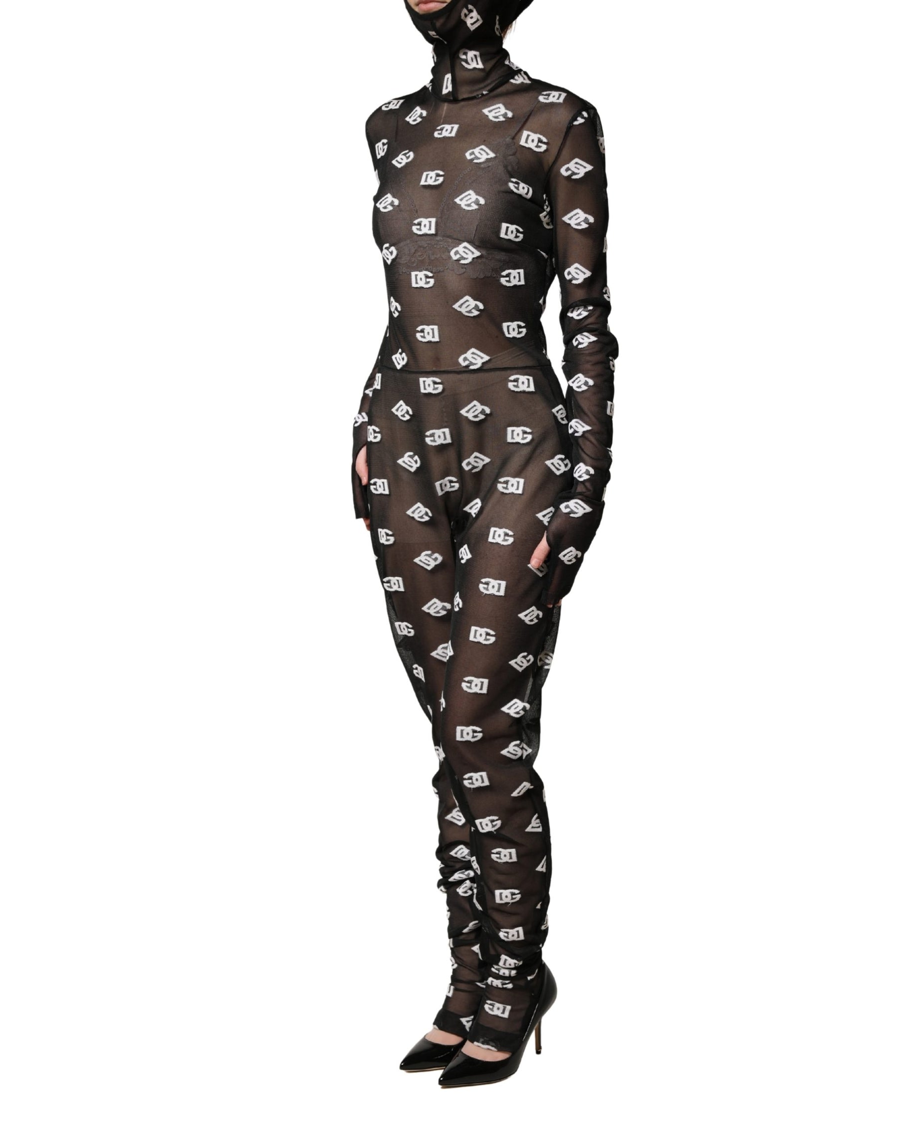 Dolce & Gabbana Black White Logo Print Hooded Jumpsuit Dress | Regal Royce